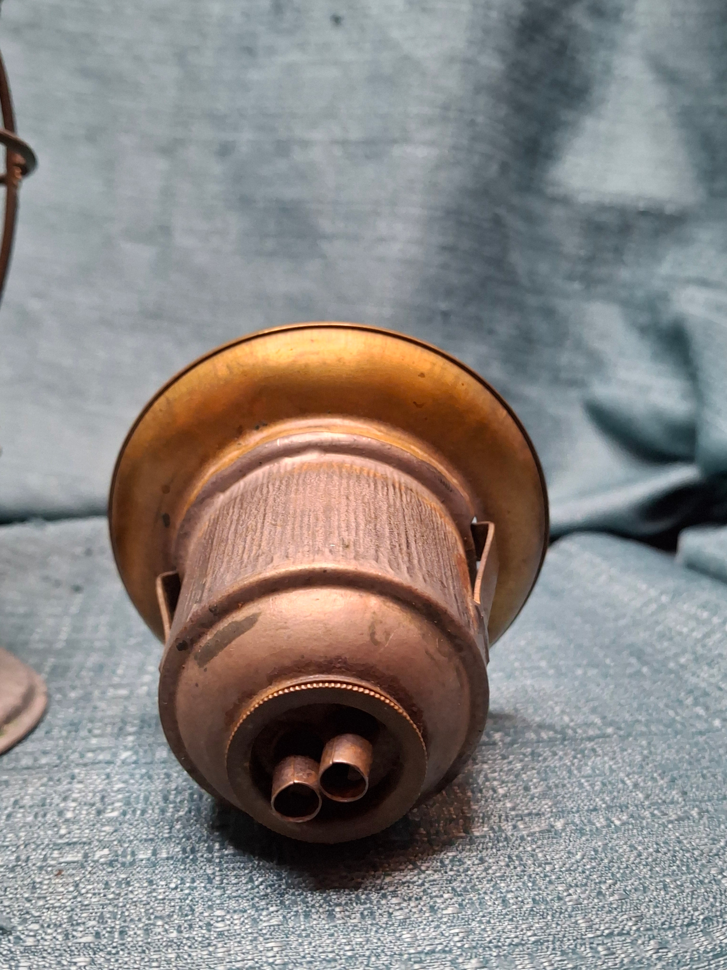 Antique Mid-19th C American Tin and Brass Whale Oil Lantern Double Tube Burner