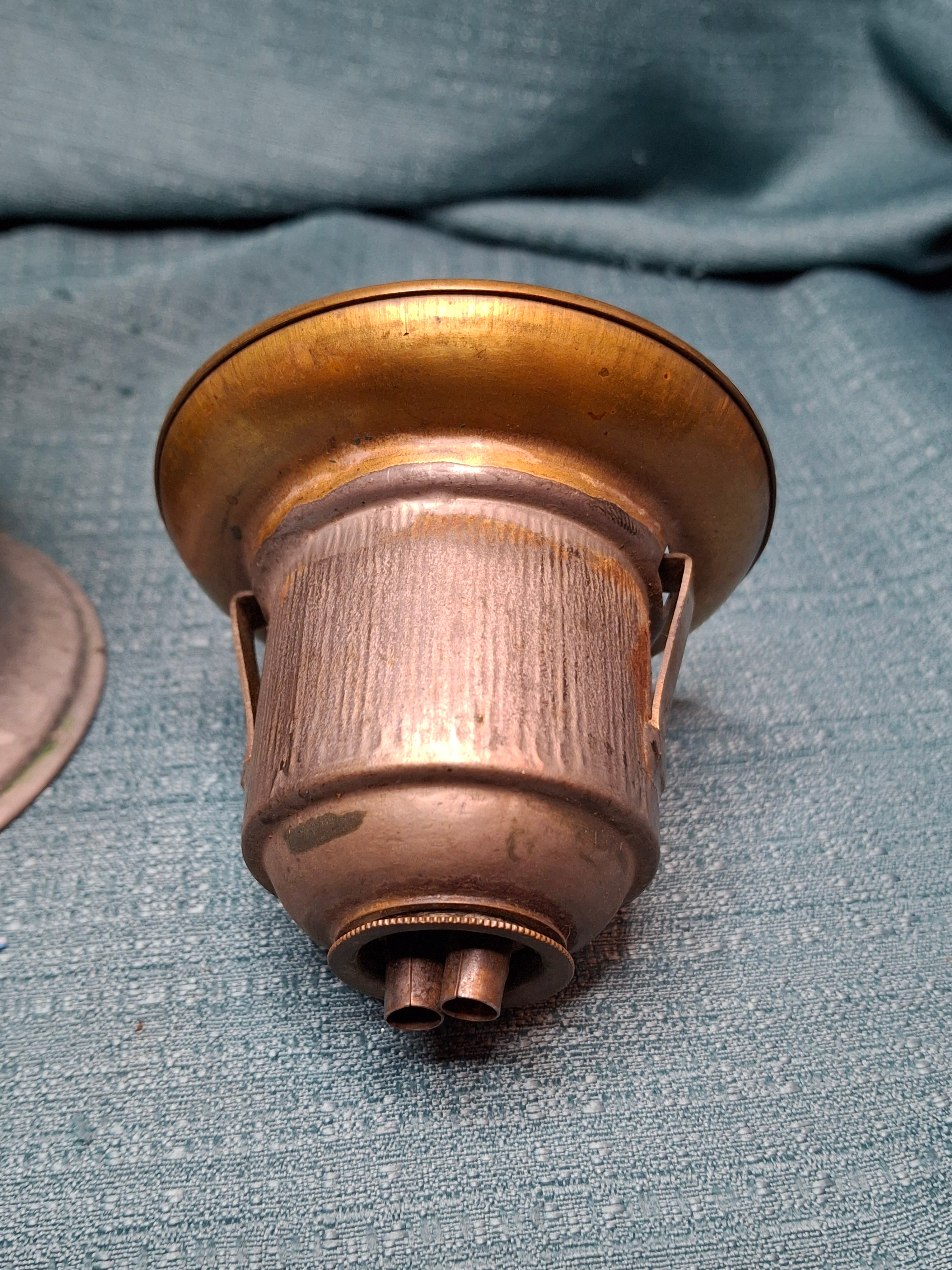 Antique Mid-19th C American Tin and Brass Whale Oil Lantern Double Tube Burner