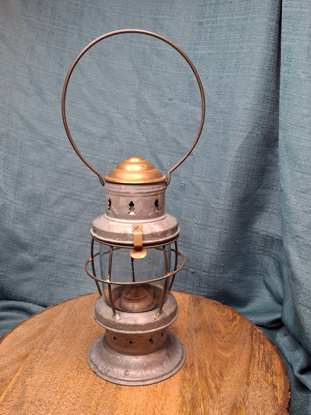 Antique Mid-19th C American Tin and Brass Whale Oil Lantern Double Tube Burner