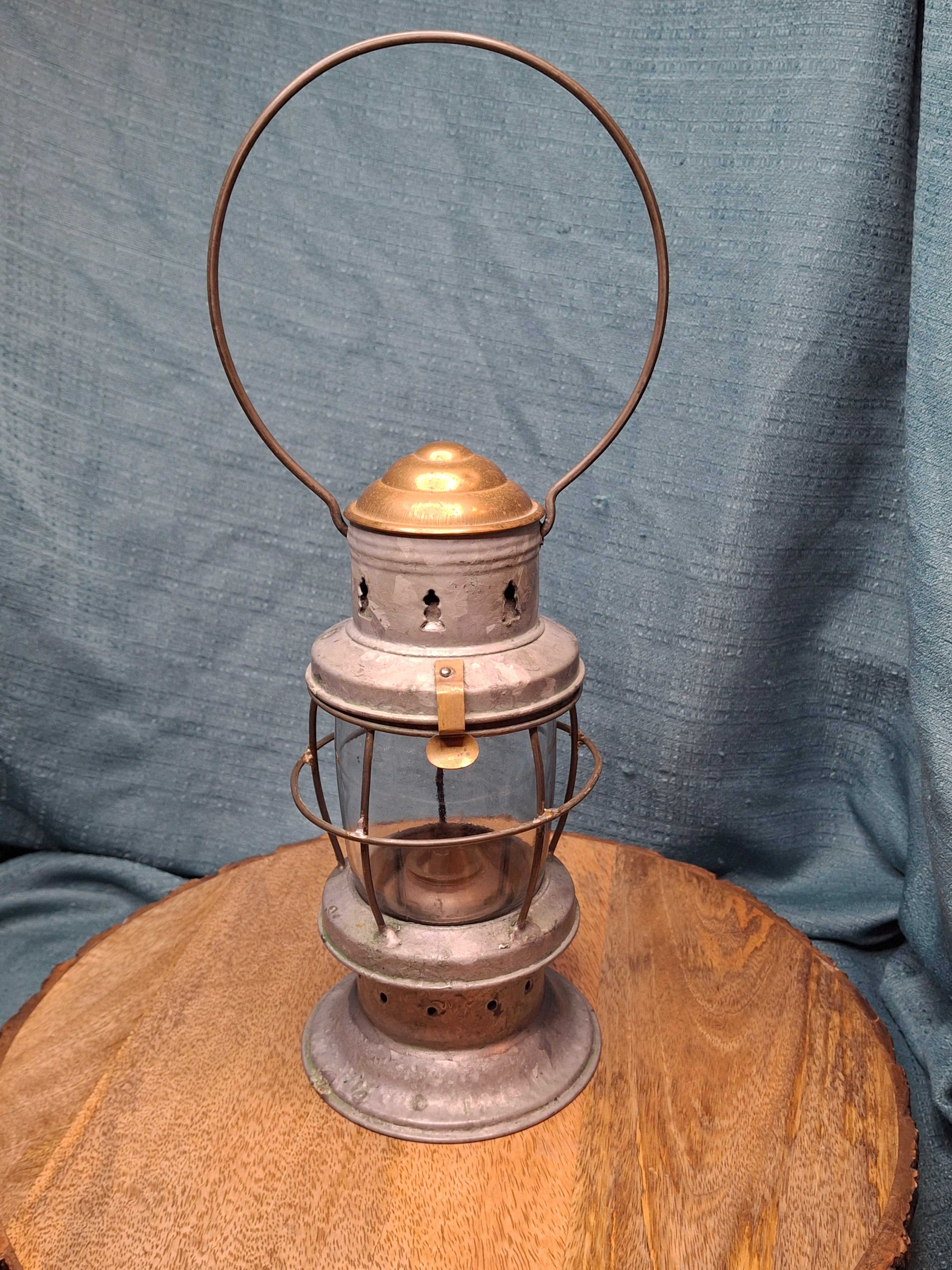 Antique Mid-19th C American Tin and Brass Whale Oil Lantern Double Tube Burner