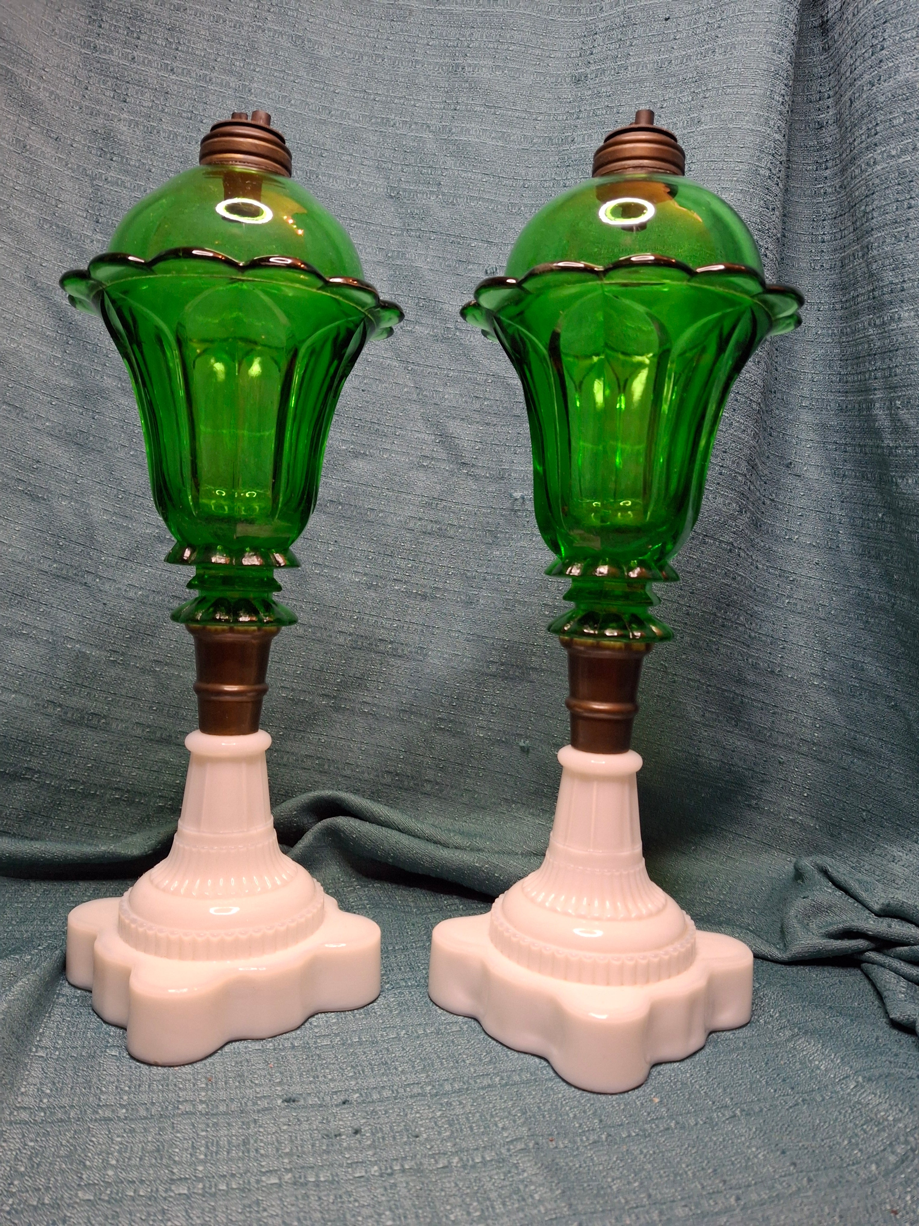 Rare Matching Pair Antique Emerald Green Pressed Glass Stand Oil Lamp Milk Glass EAPG