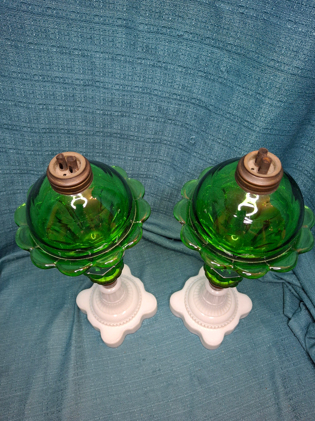 Rare Matching Pair Antique Emerald Green Pressed Glass Stand Oil Lamp Milk Glass EAPG