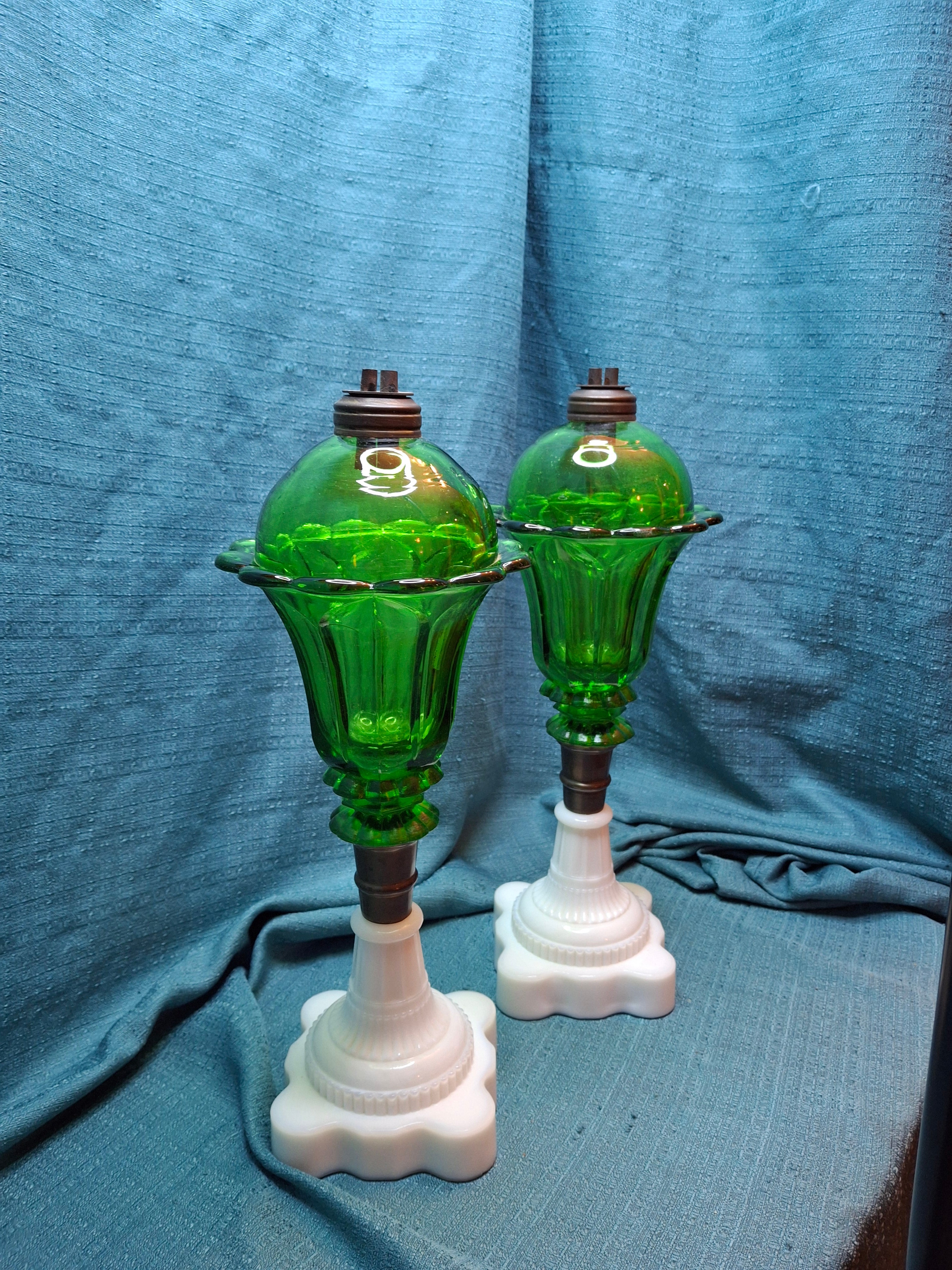Rare Matching Pair Antique Emerald Green Pressed Glass Stand Oil Lamp Milk Glass EAPG