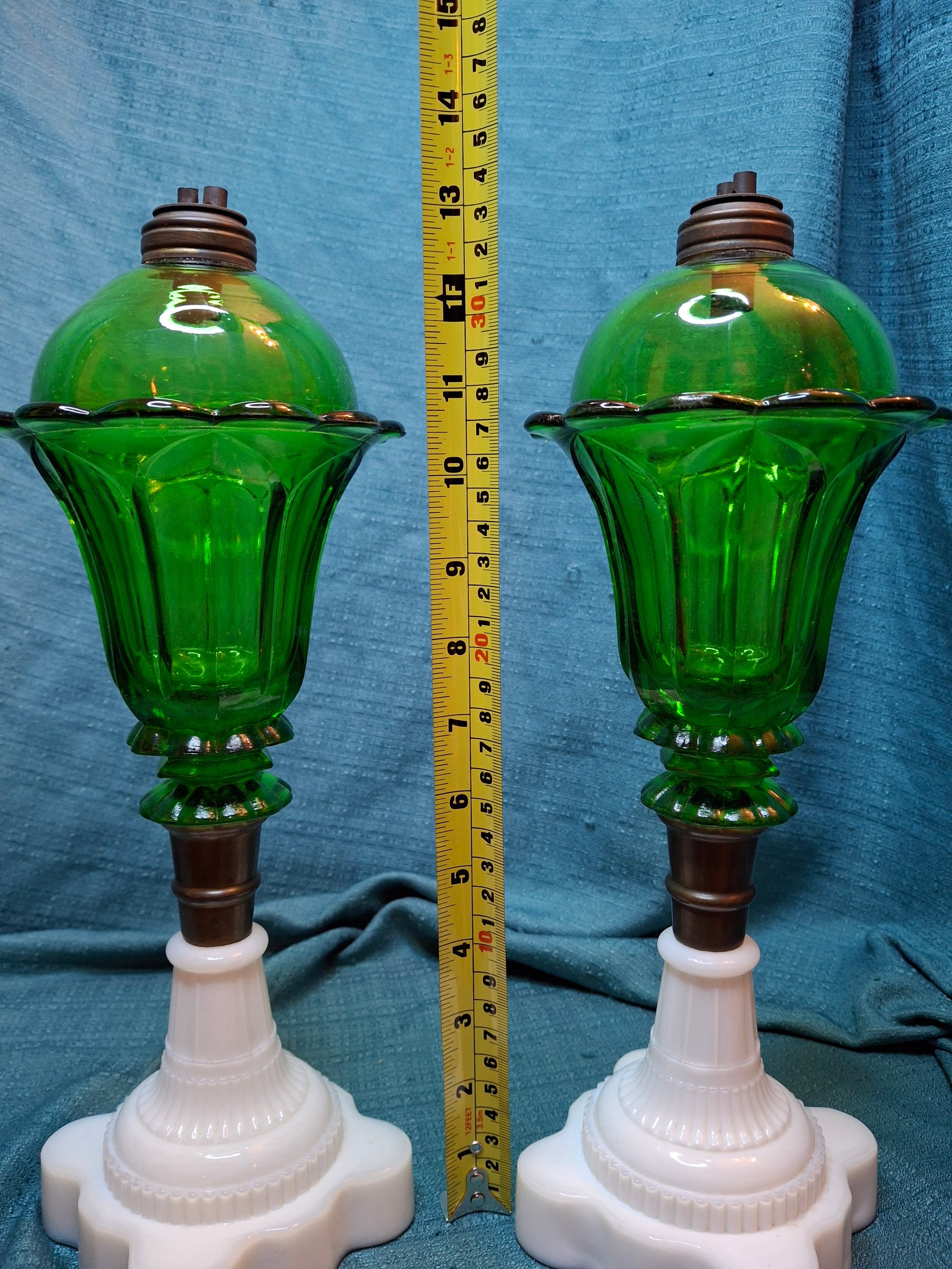 Rare Matching Pair Antique Emerald Green Pressed Glass Stand Oil Lamp Milk Glass EAPG