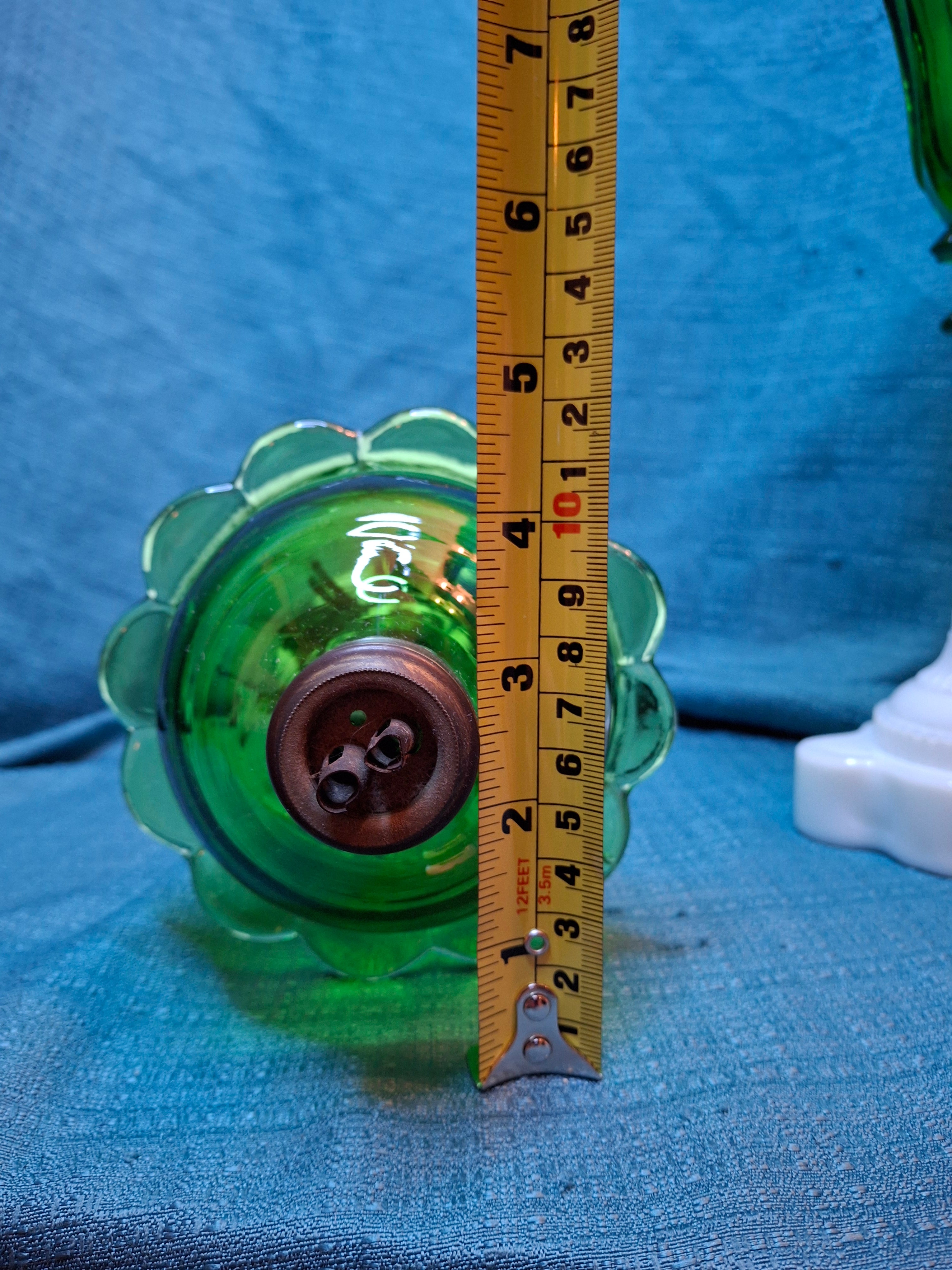 Rare Matching Pair Antique Emerald Green Pressed Glass Stand Oil Lamp Milk Glass EAPG