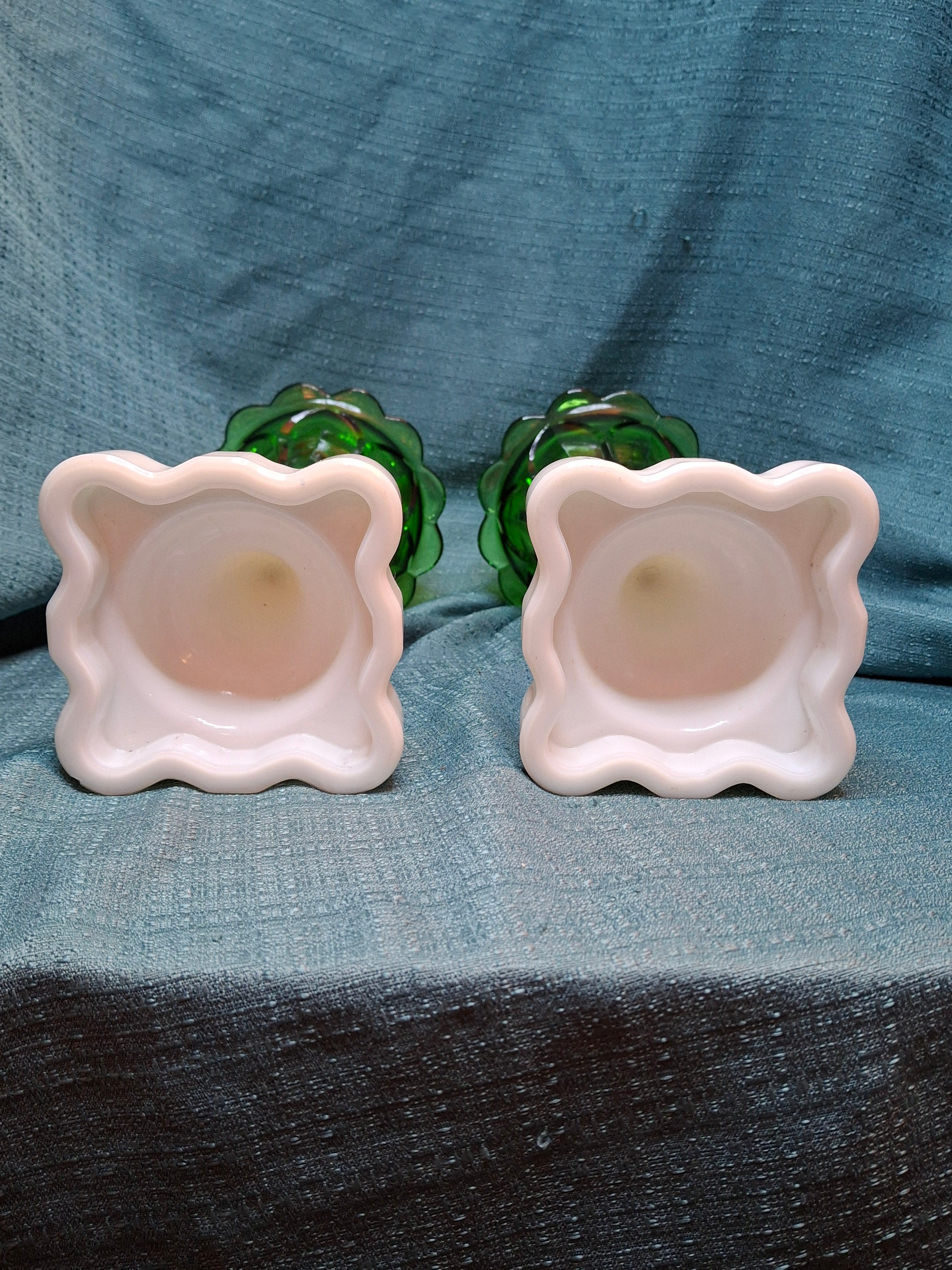 Rare Matching Pair Antique Emerald Green Pressed Glass Stand Oil Lamp Milk Glass EAPG