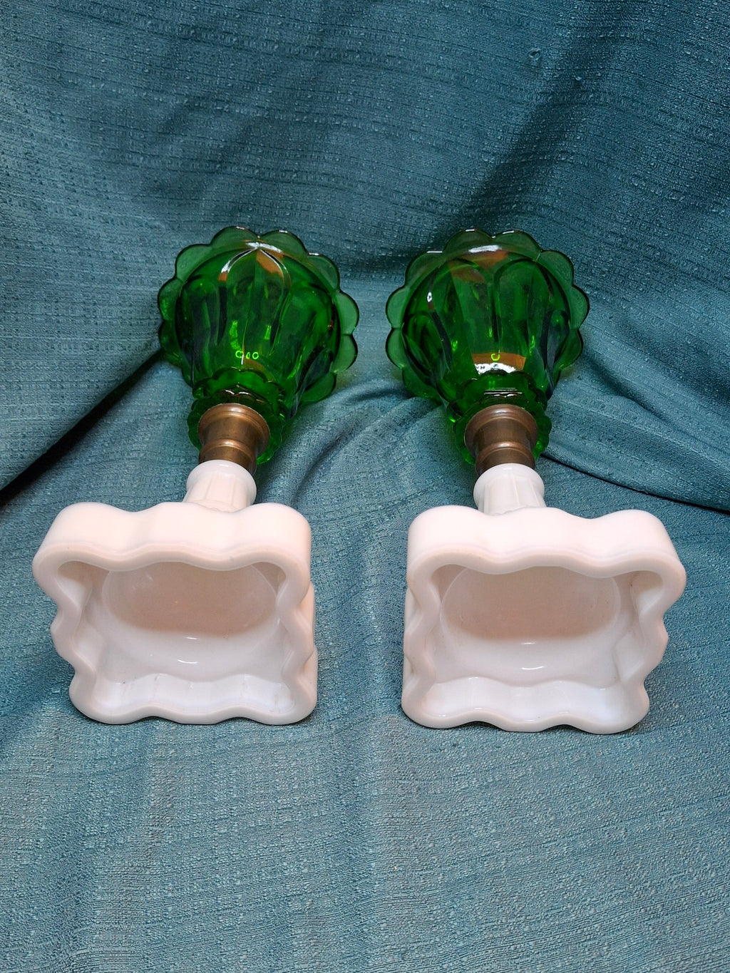 Rare Matching Pair Antique Emerald Green Pressed Glass Stand Oil Lamp Milk Glass EAPG