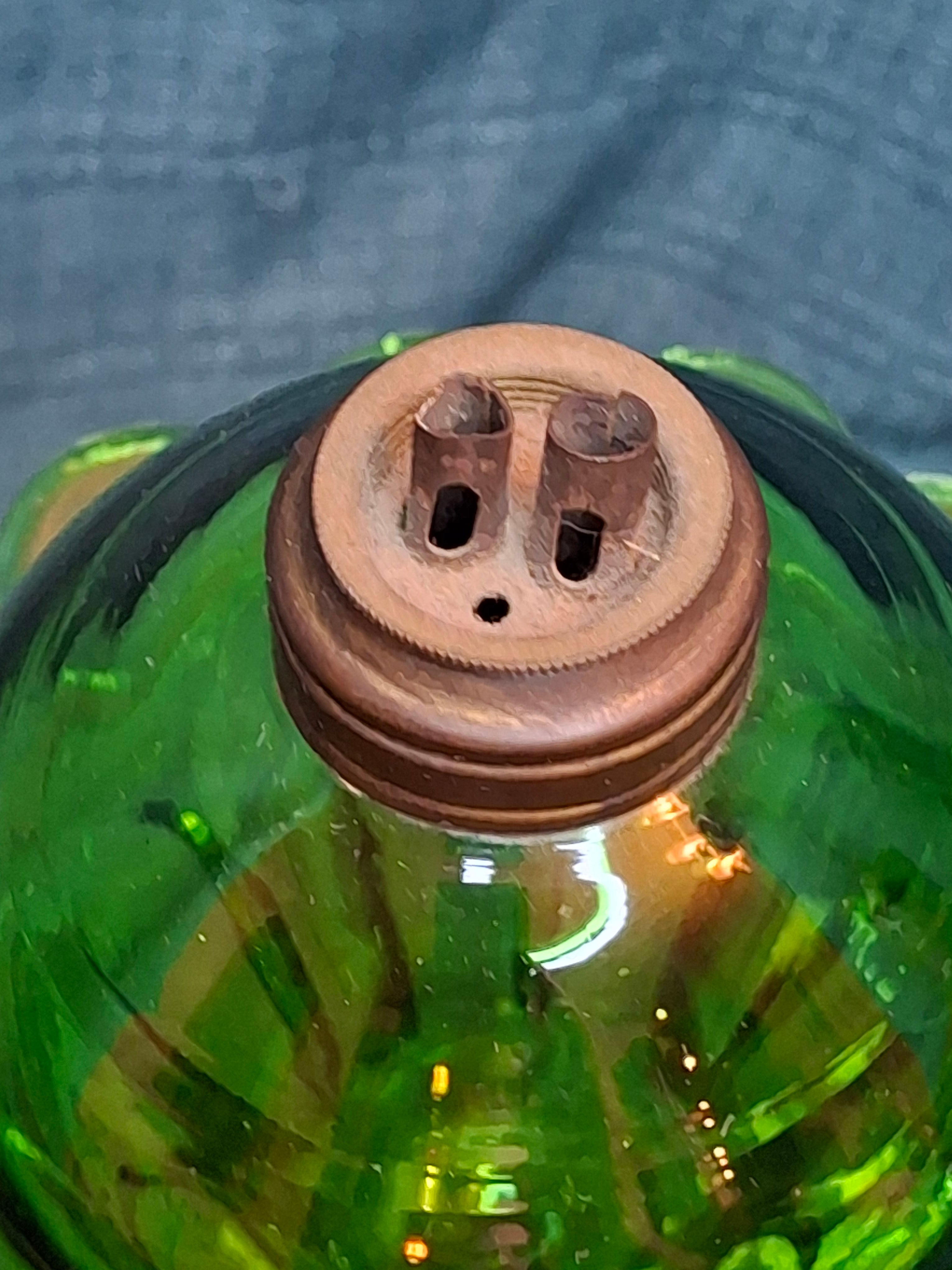 Rare Matching Pair Antique Emerald Green Pressed Glass Stand Oil Lamp Milk Glass EAPG