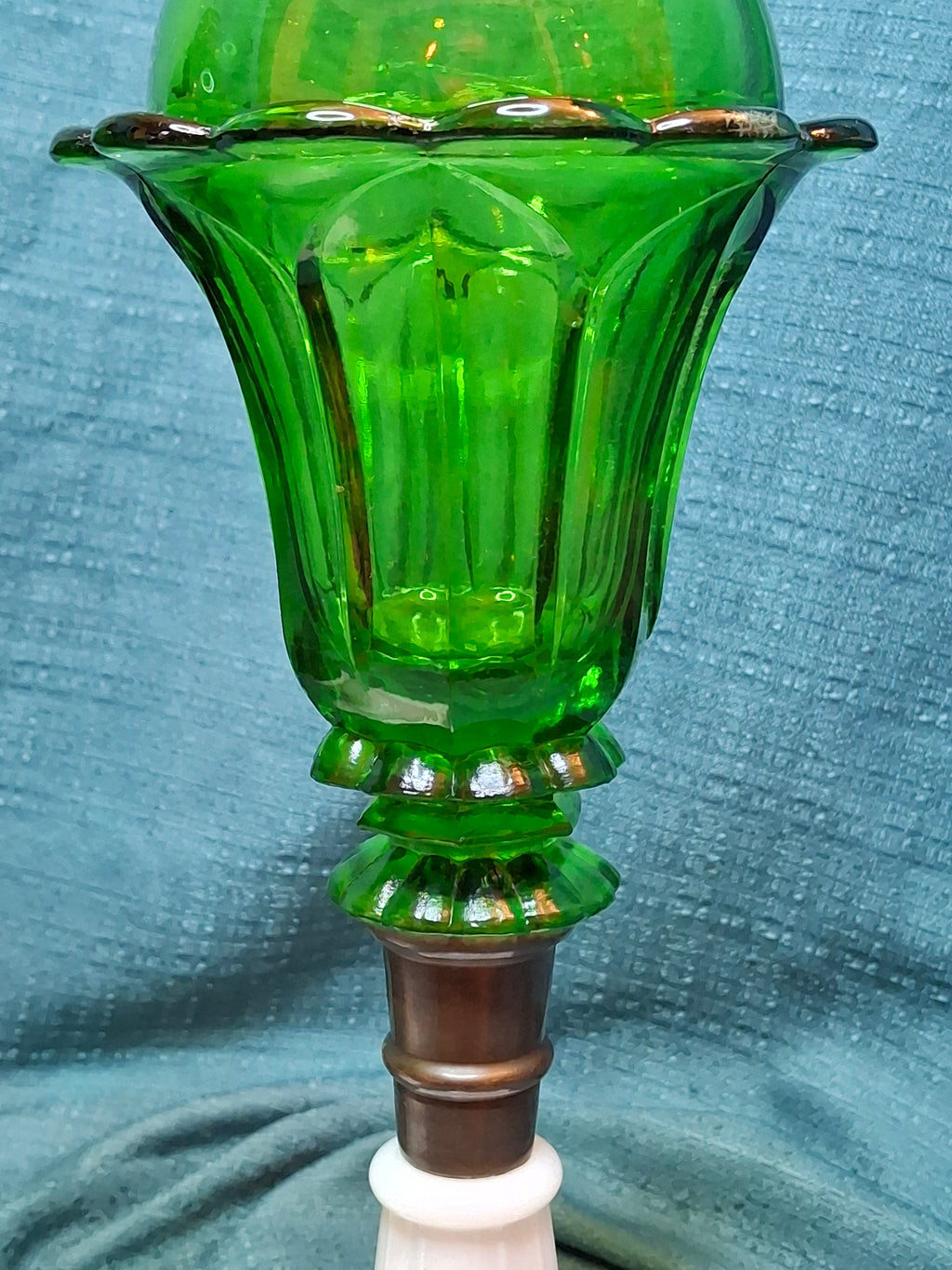 Rare Matching Pair Antique Emerald Green Pressed Glass Stand Oil Lamp Milk Glass EAPG