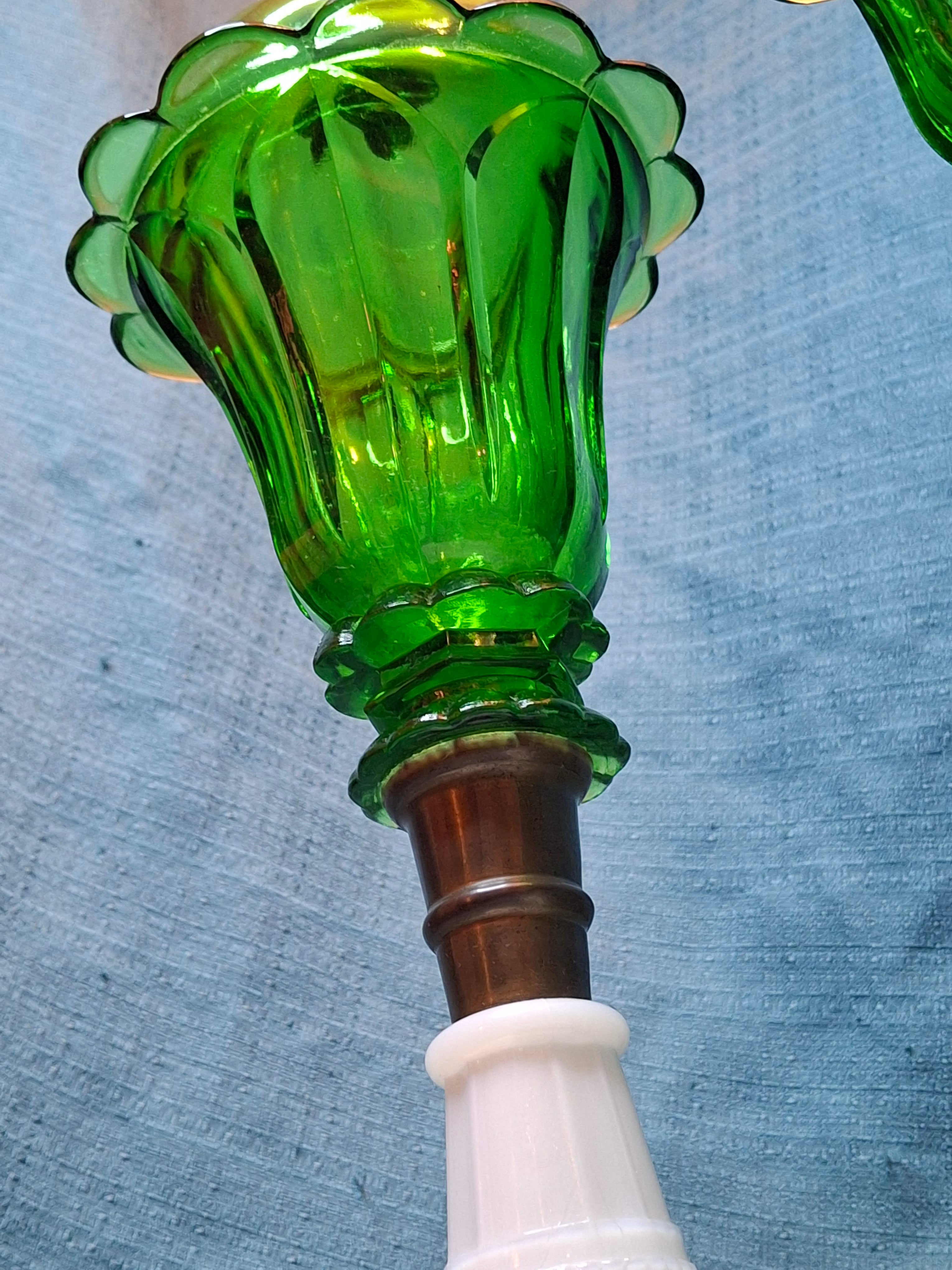 Rare Matching Pair Antique Emerald Green Pressed Glass Stand Oil Lamp Milk Glass EAPG