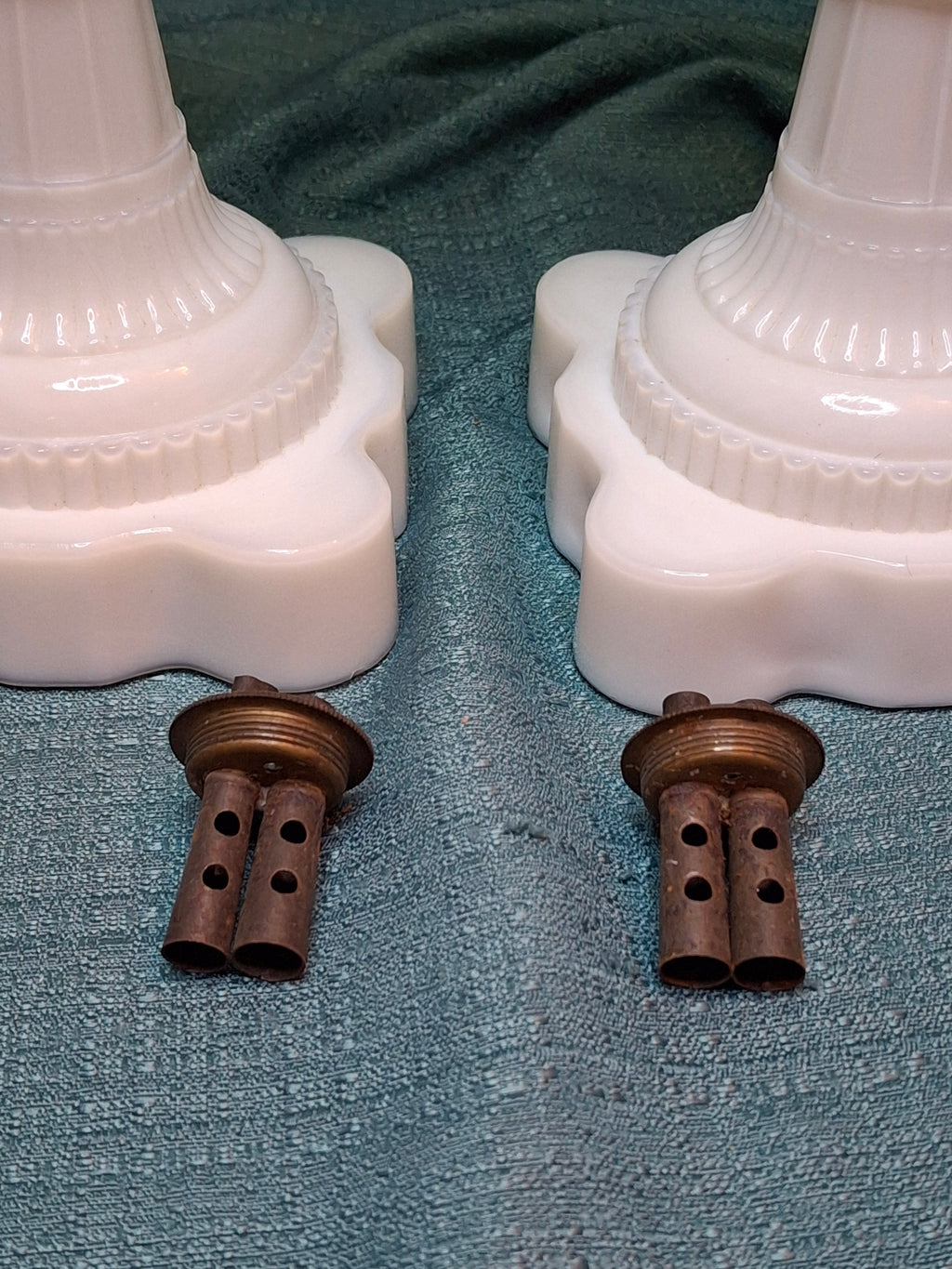 Rare Matching Pair Antique Emerald Green Pressed Glass Stand Oil Lamp Milk Glass EAPG