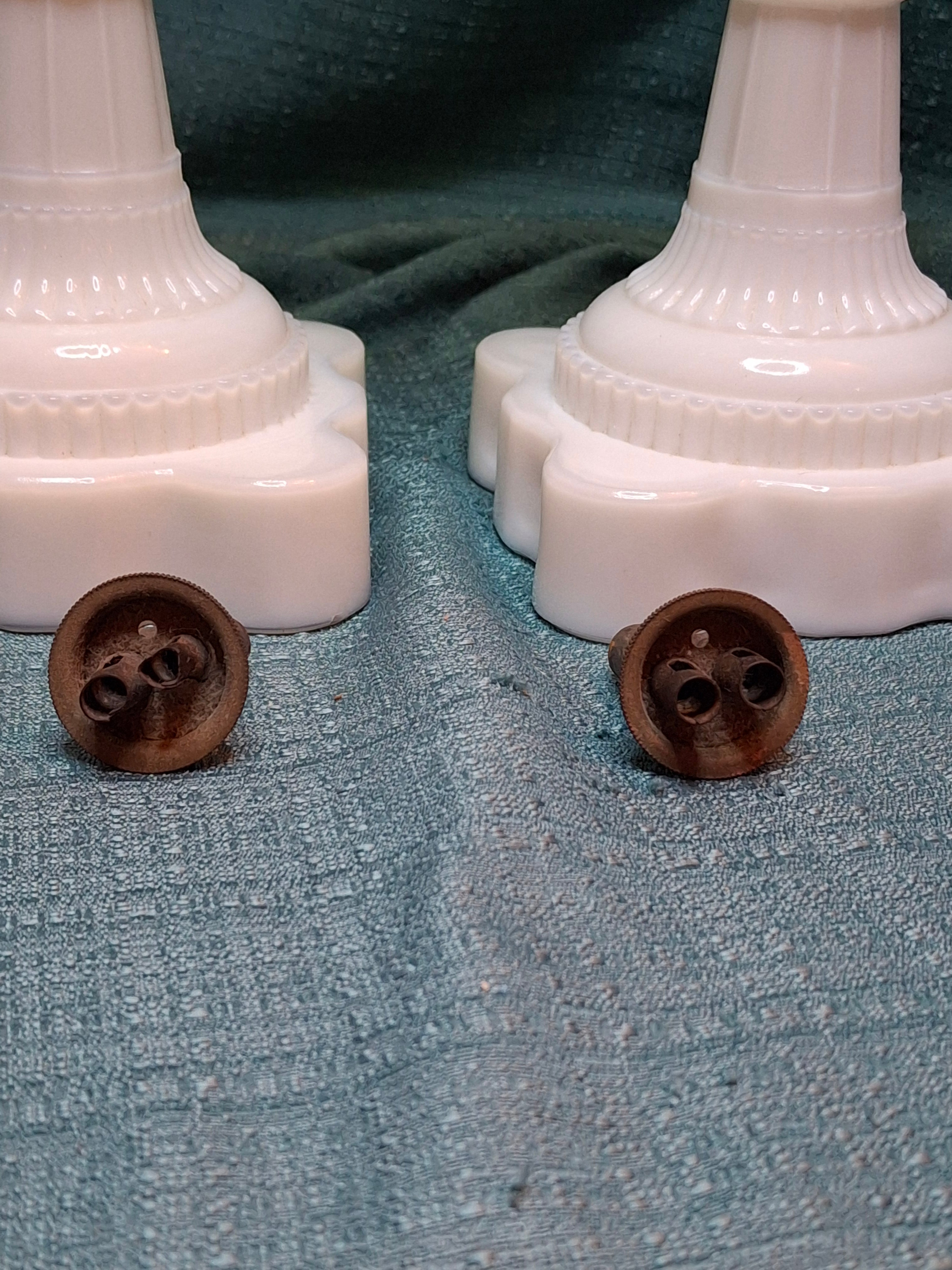 Rare Matching Pair Antique Emerald Green Pressed Glass Stand Oil Lamp Milk Glass EAPG