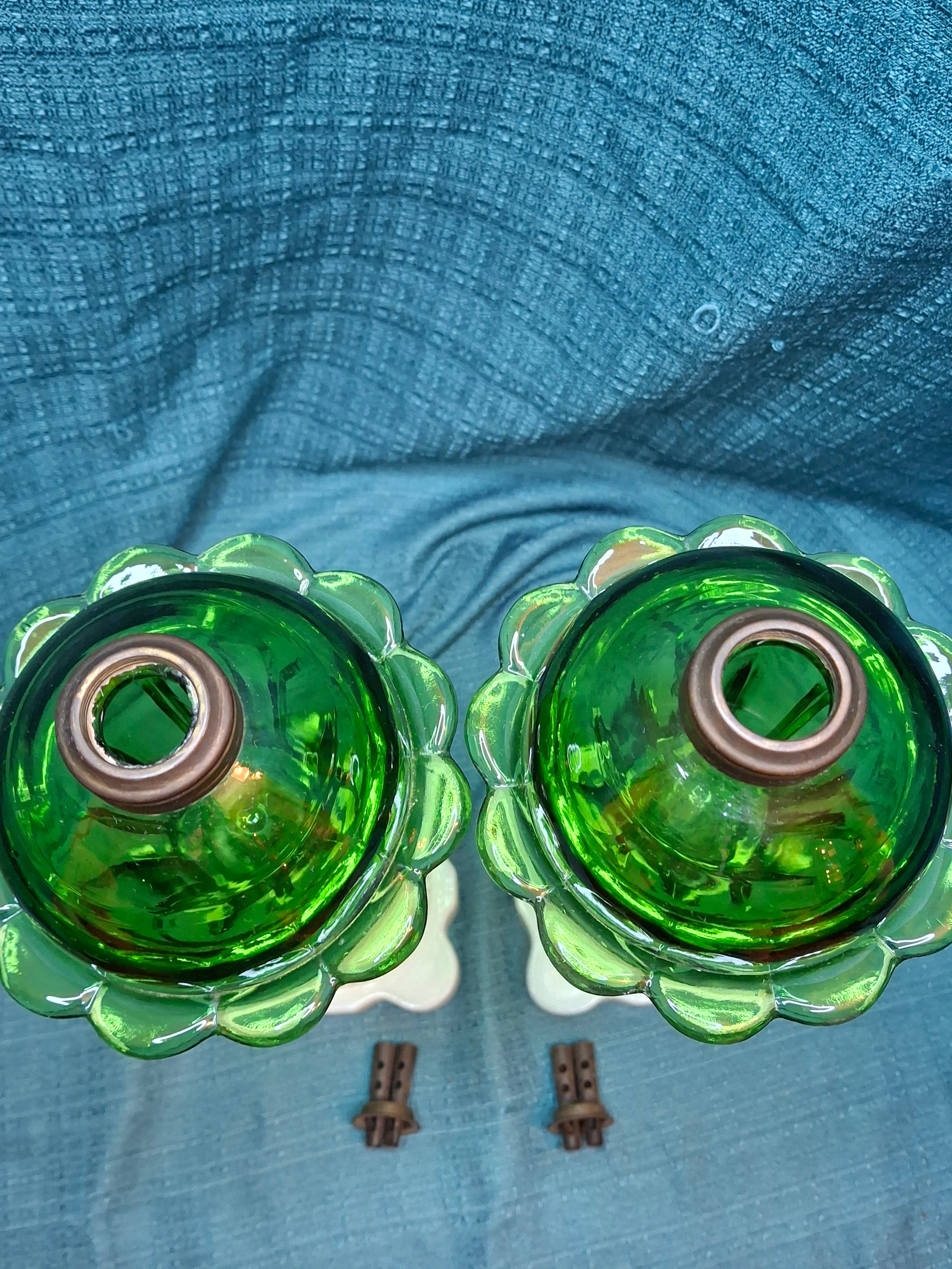 Rare Matching Pair Antique Emerald Green Pressed Glass Stand Oil Lamp Milk Glass EAPG