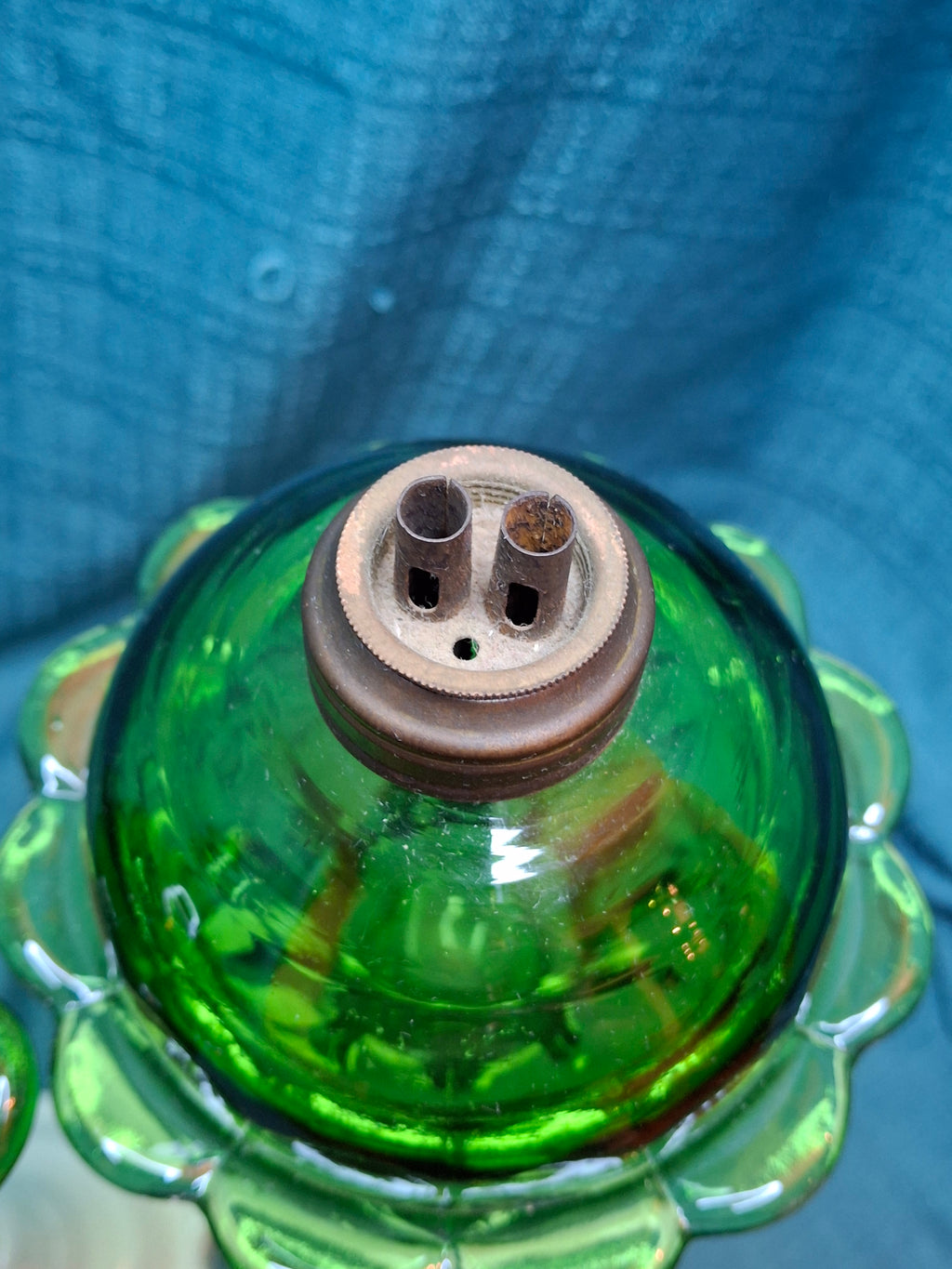 Rare Matching Pair Antique Emerald Green Pressed Glass Stand Oil Lamp Milk Glass EAPG