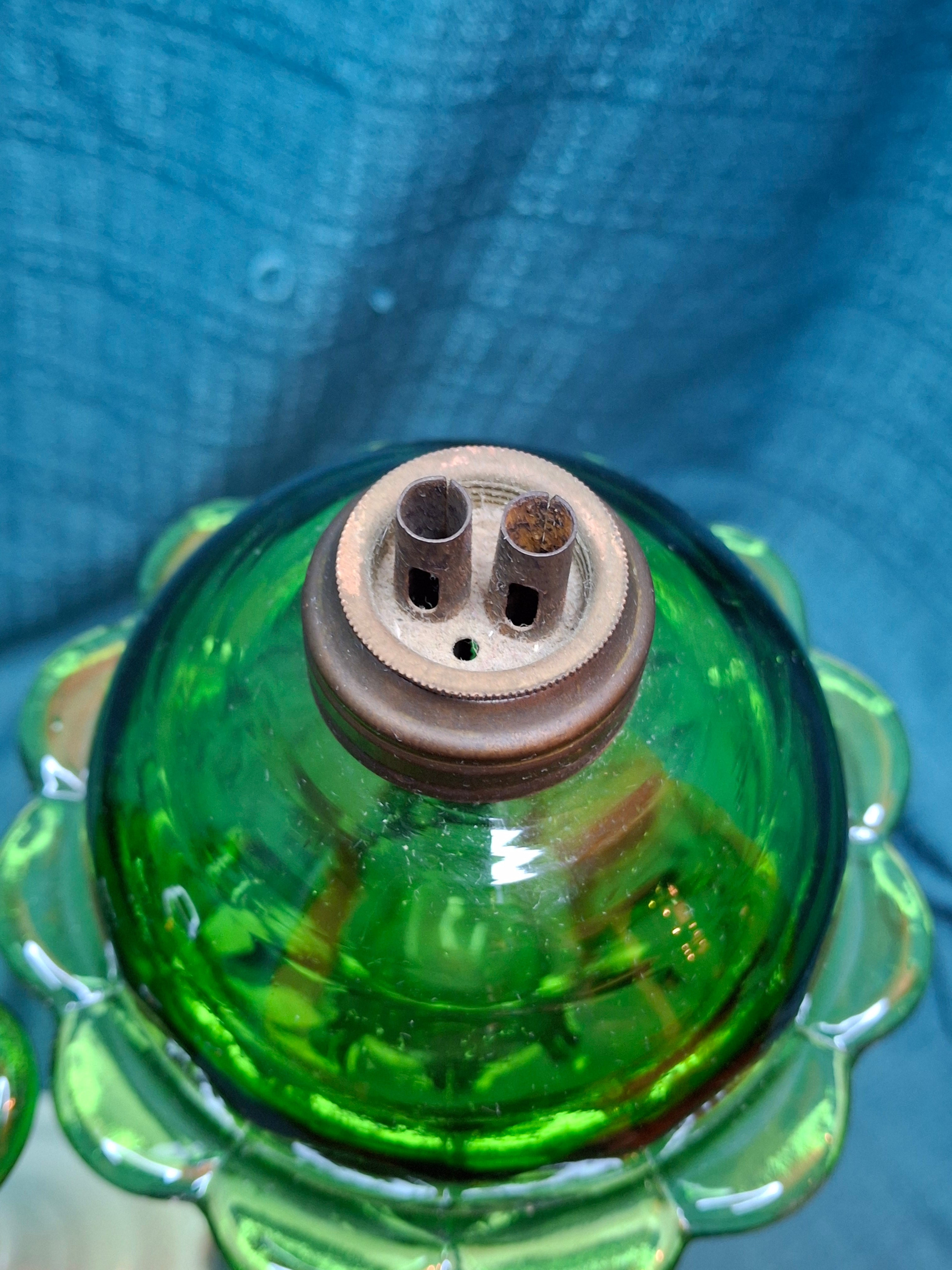 Rare Matching Pair Antique Emerald Green Pressed Glass Stand Oil Lamp Milk Glass EAPG