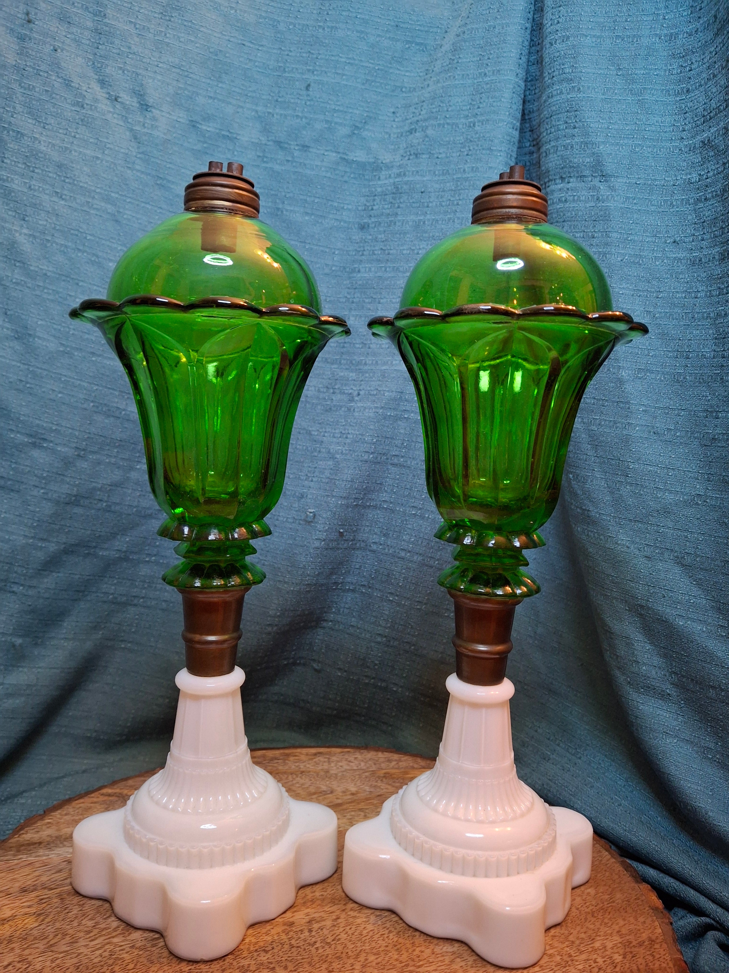 Rare Matching Pair Antique Emerald Green Pressed Glass Stand Oil Lamp Milk Glass EAPG