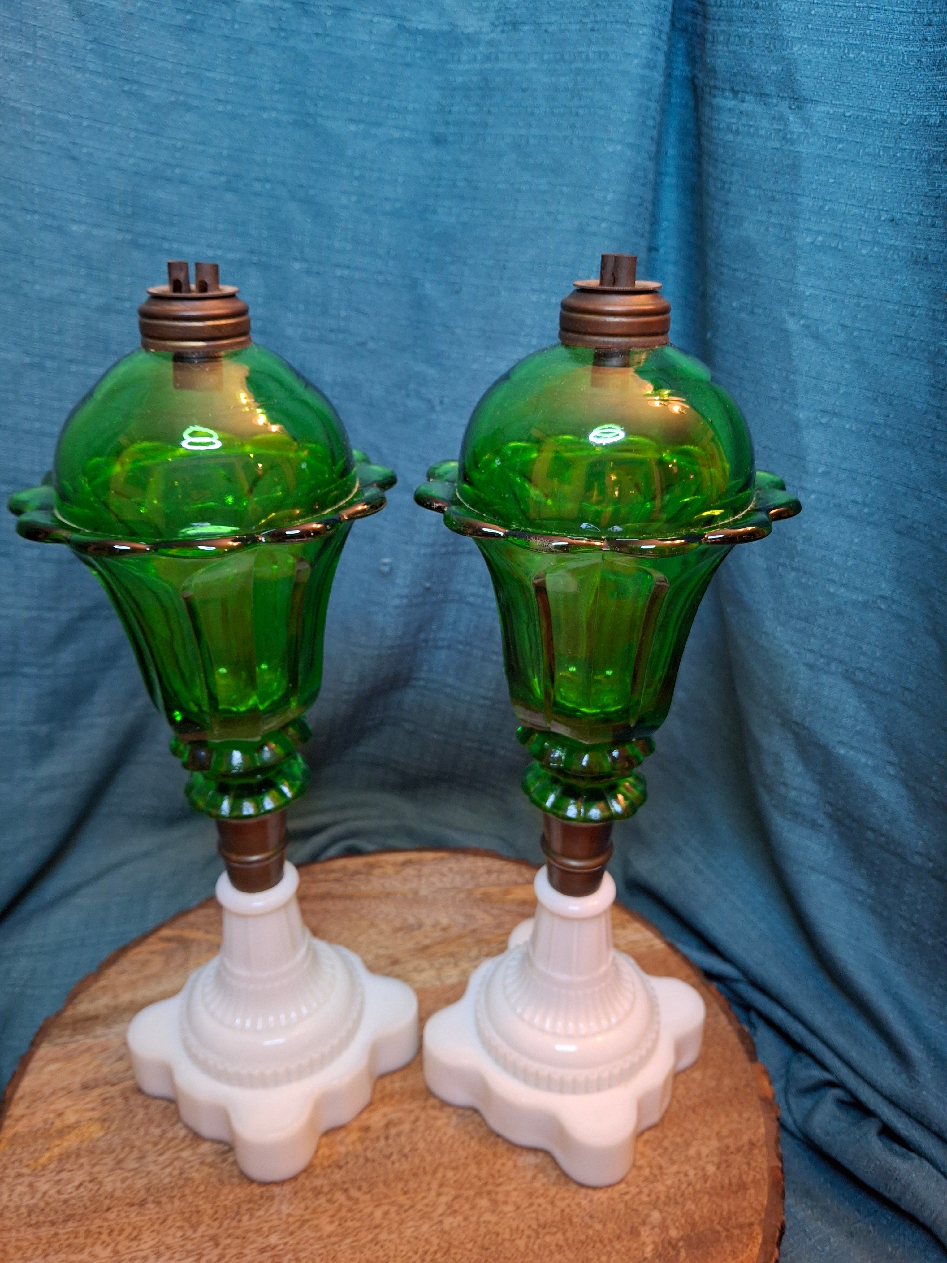 Rare Matching Pair Antique Emerald Green Pressed Glass Stand Oil Lamp Milk Glass EAPG
