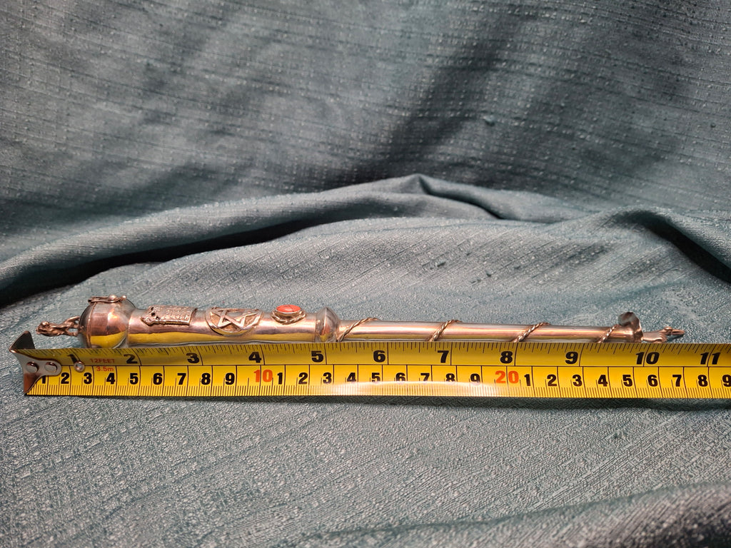 Museum Quality Antique Russian 84 Silver Judaica Torah Pointer Yad with Besamim Spice Holder, Lion Finial, Star of David, Ten Commandments, Red Stone, 1.9 oz, c. 1890