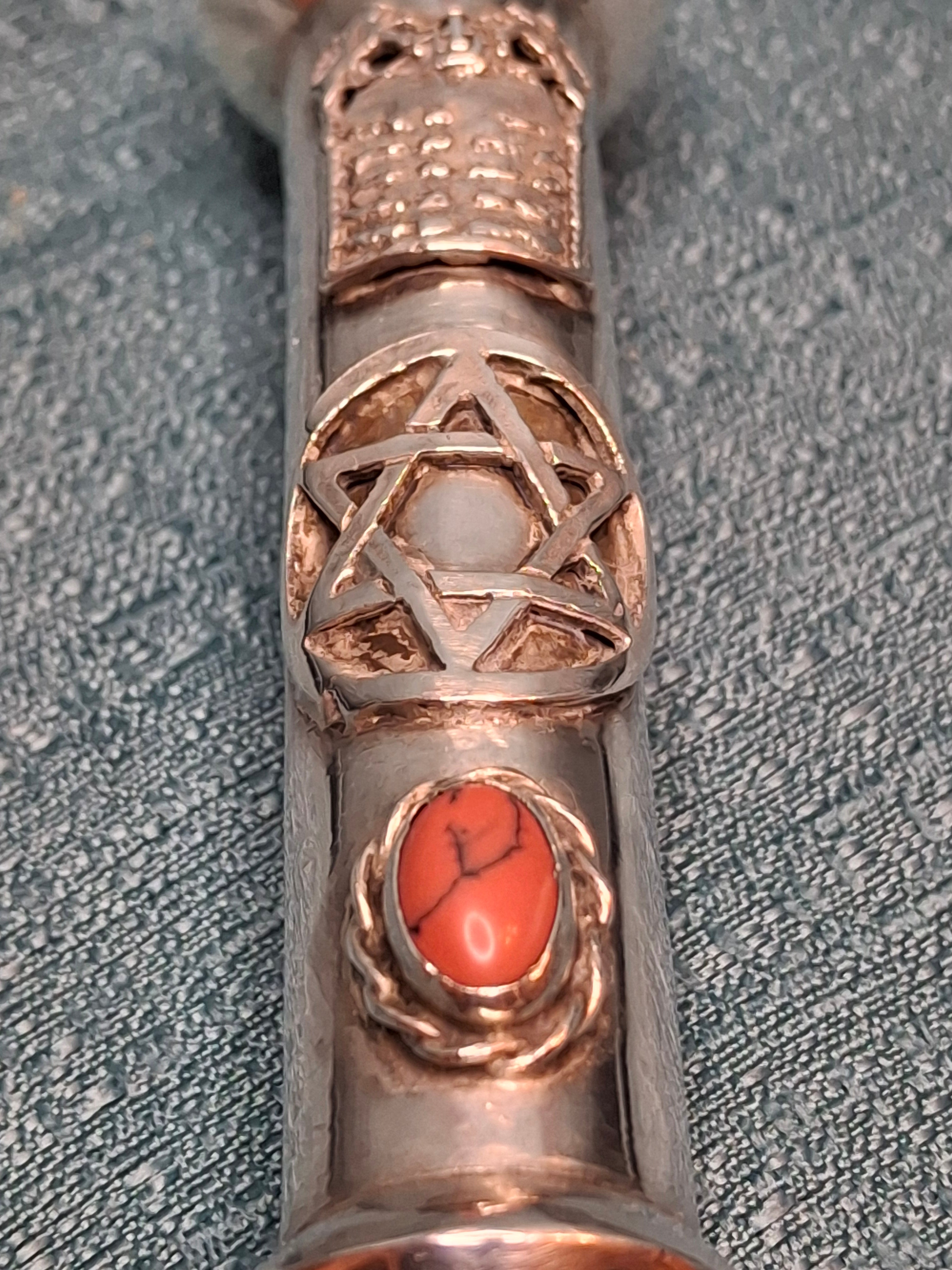 Museum Quality Antique Russian 84 Silver Judaica Torah Pointer Yad with Besamim Spice Holder, Lion Finial, Star of David, Ten Commandments, Red Stone, 1.9 oz, c. 1890