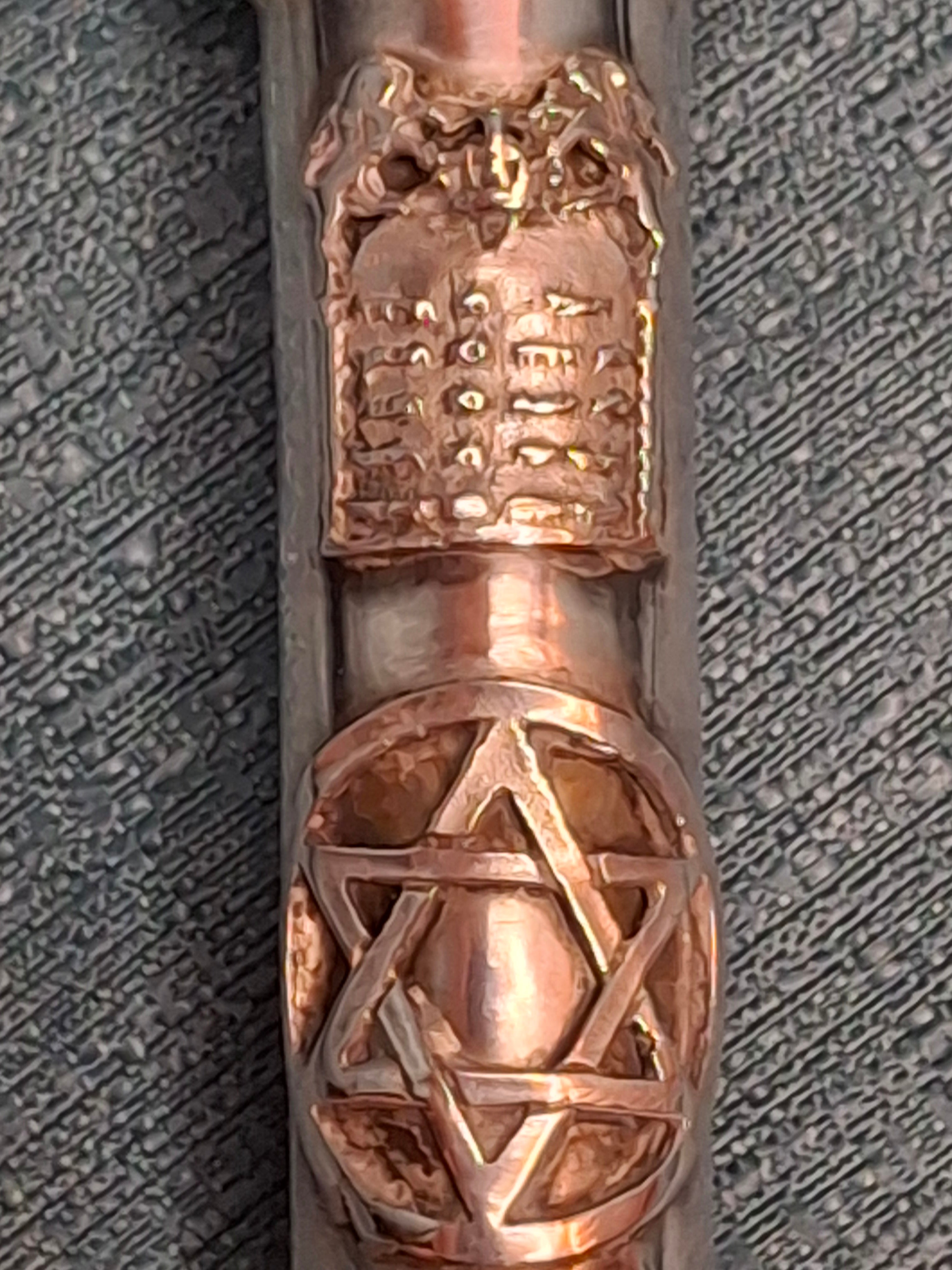 Museum Quality Antique Russian 84 Silver Judaica Torah Pointer Yad with Besamim Spice Holder, Lion Finial, Star of David, Ten Commandments, Red Stone, 1.9 oz, c. 1890