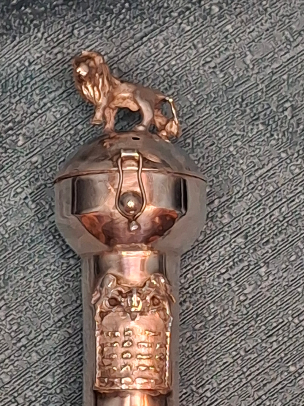 Museum Quality Antique Russian 84 Silver Judaica Torah Pointer Yad with Besamim Spice Holder, Lion Finial, Star of David, Ten Commandments, Red Stone, 1.9 oz, c. 1890