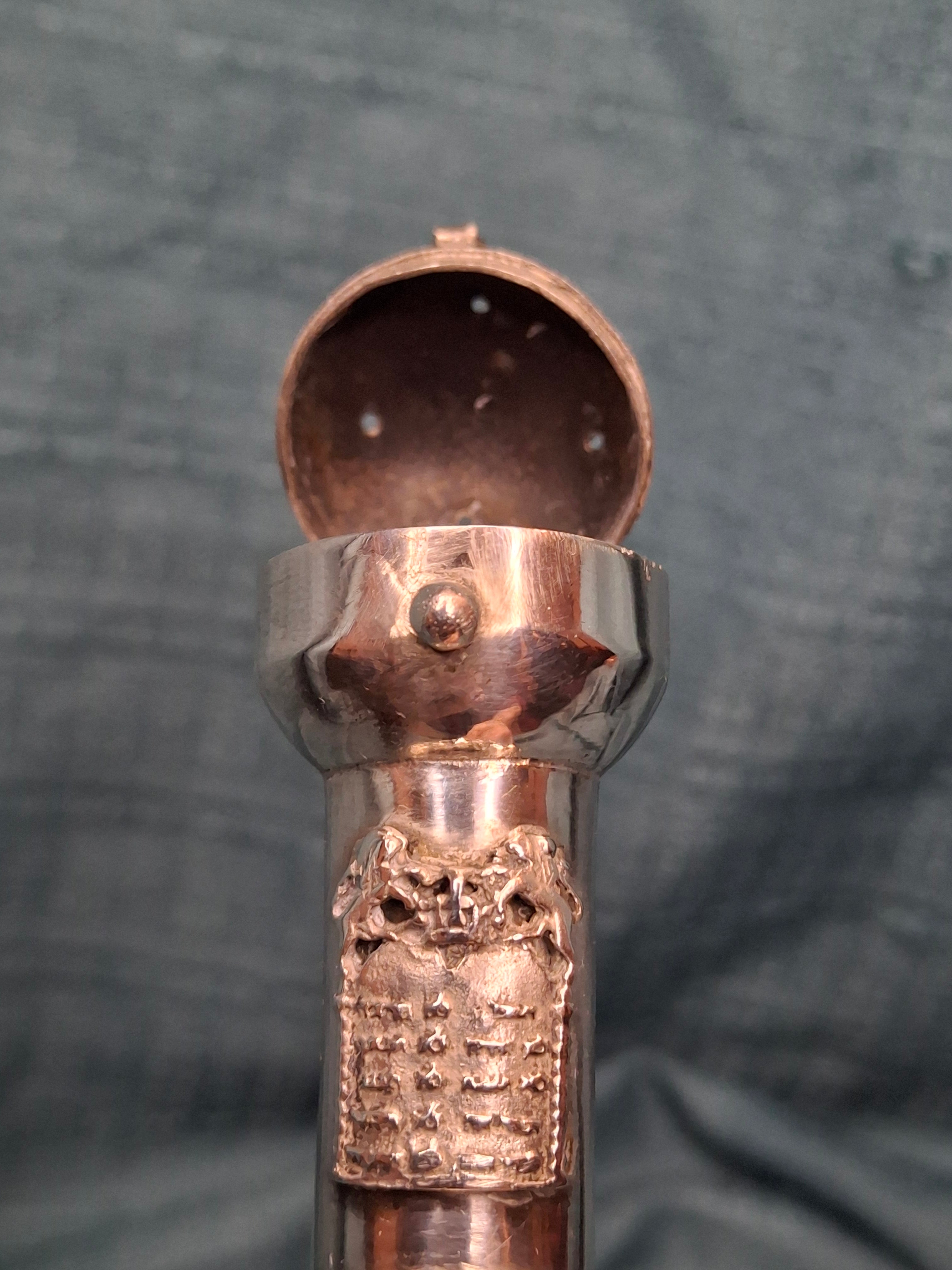 Museum Quality Antique Russian 84 Silver Judaica Torah Pointer Yad with Besamim Spice Holder, Lion Finial, Star of David, Ten Commandments, Red Stone, 1.9 oz, c. 1890