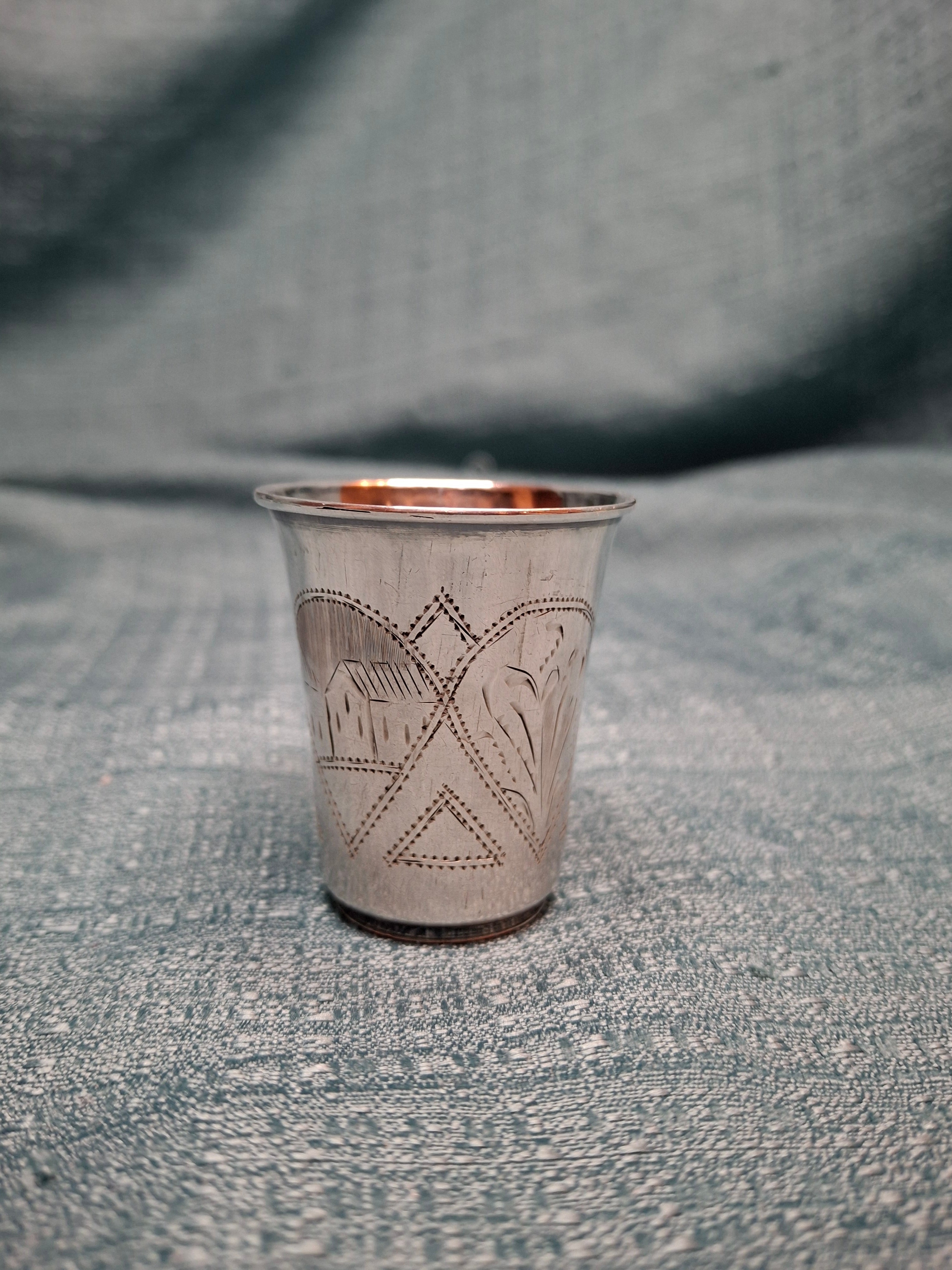 Russian 84 Zolotnik Silver Kiddush Cup - Engraved Judaica w/ Kokoshnik Hallmark