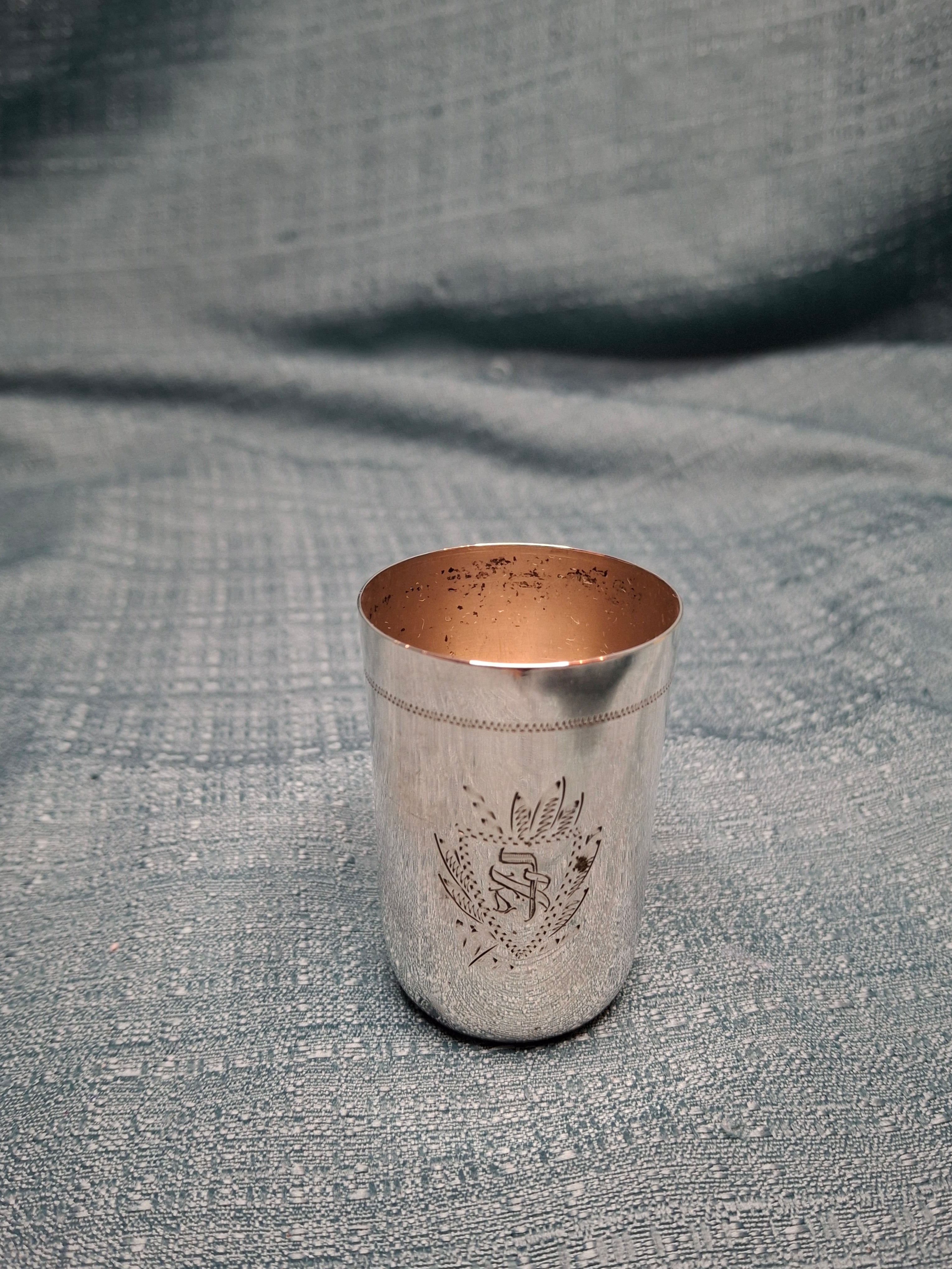 Antique Polish 800 Silver Kiddush Cup with Hebrew Monogram, Warsaw, c. 1931-1963