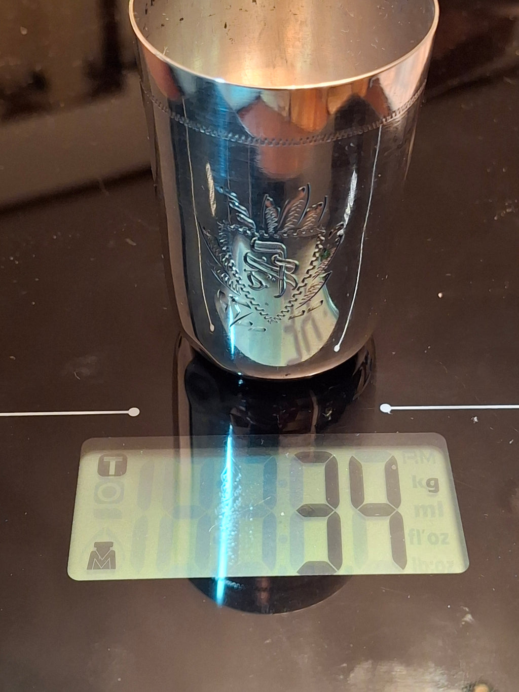 Antique Polish 800 Silver Kiddush Cup with Hebrew Monogram, Warsaw, c. 1931-1963