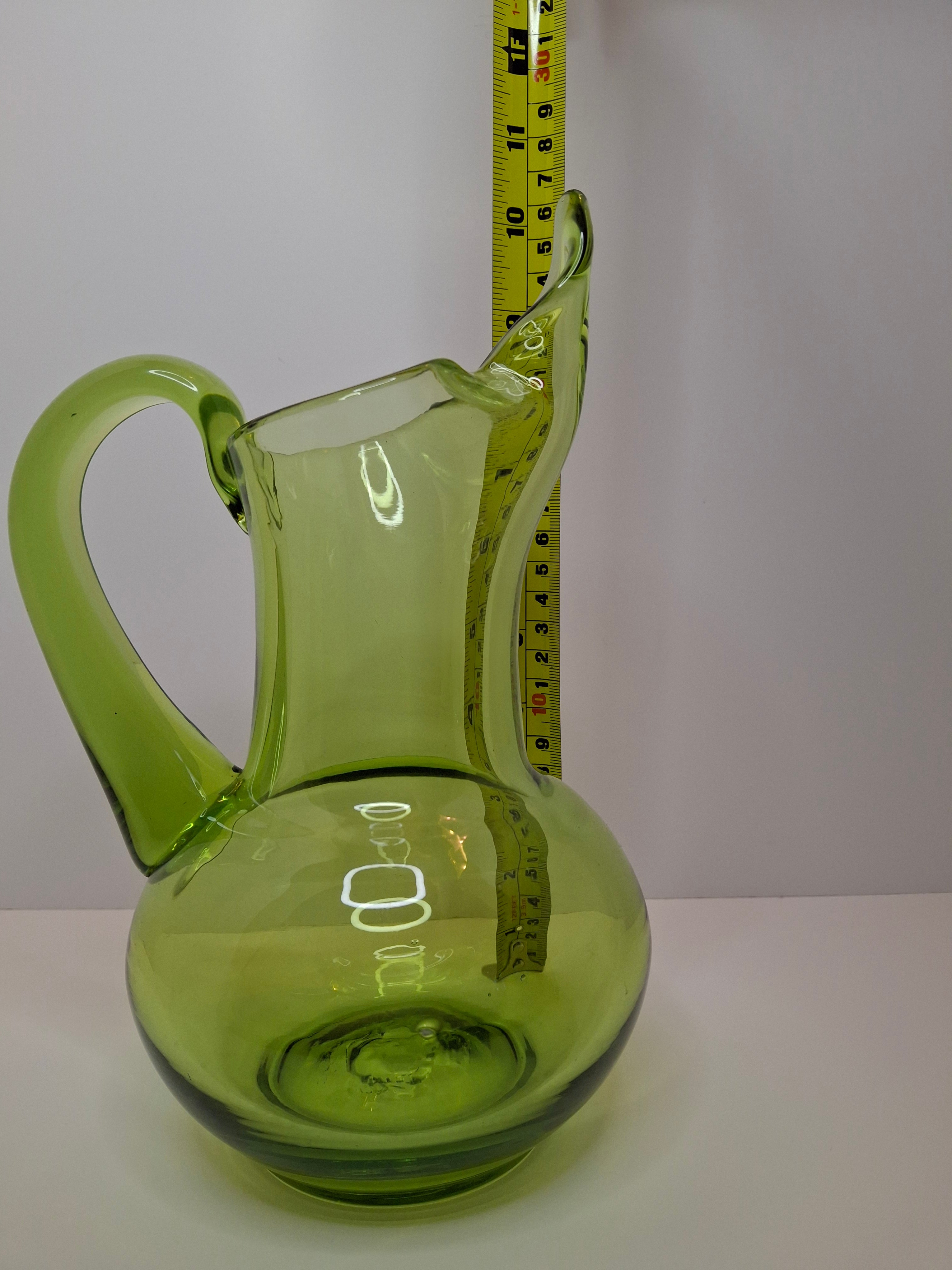 Vintage 1970s Empoli Italian Olive Green Hand-Blown Glass Ewer Pitcher w/ Pontil
