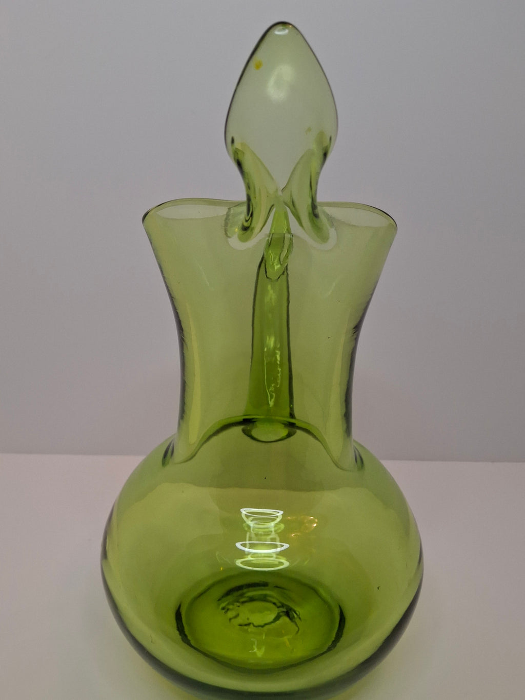 Vintage 1970s Empoli Italian Olive Green Hand-Blown Glass Ewer Pitcher w/ Pontil