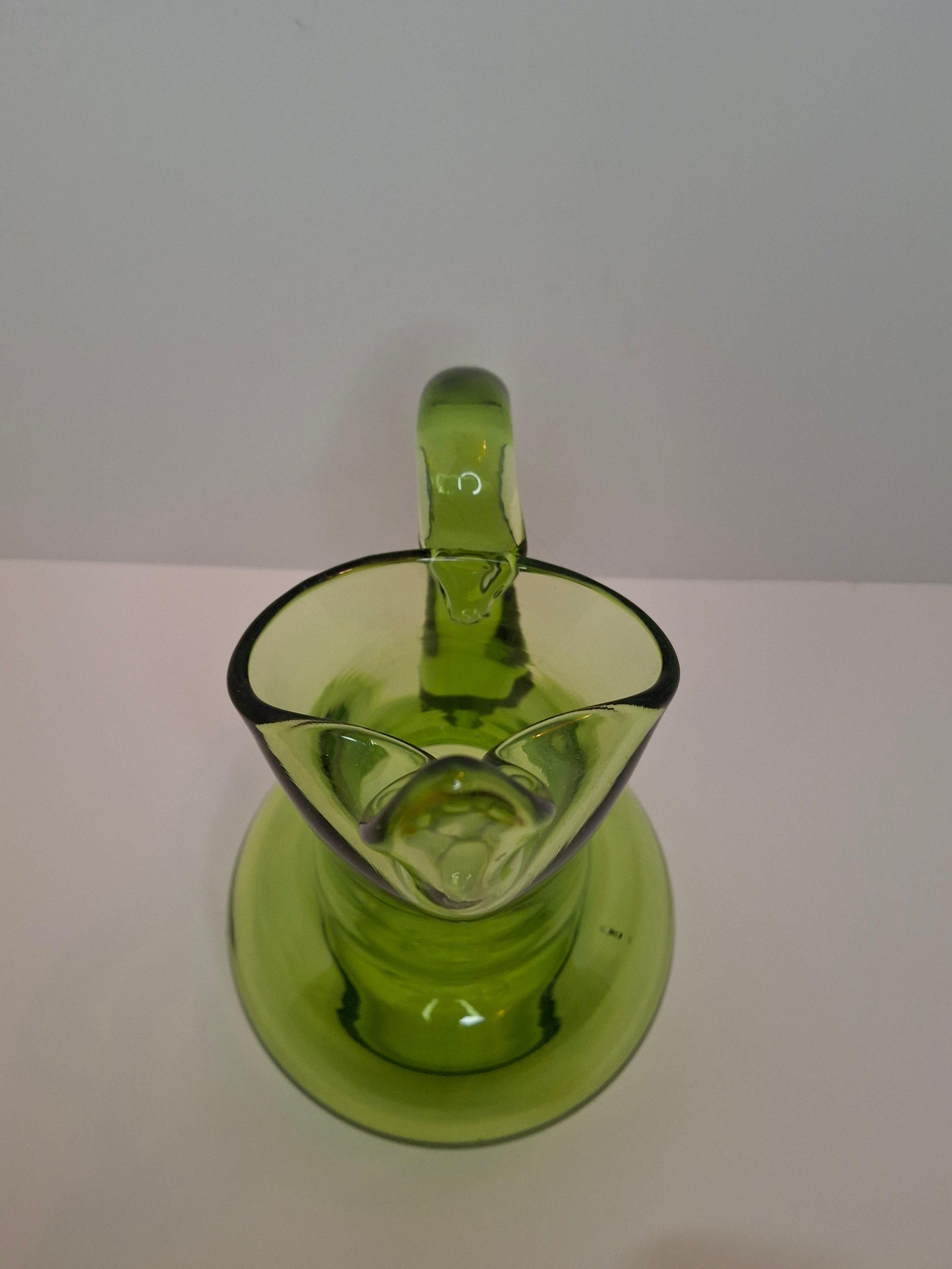 Vintage 1970s Empoli Italian Olive Green Hand-Blown Glass Ewer Pitcher w/ Pontil