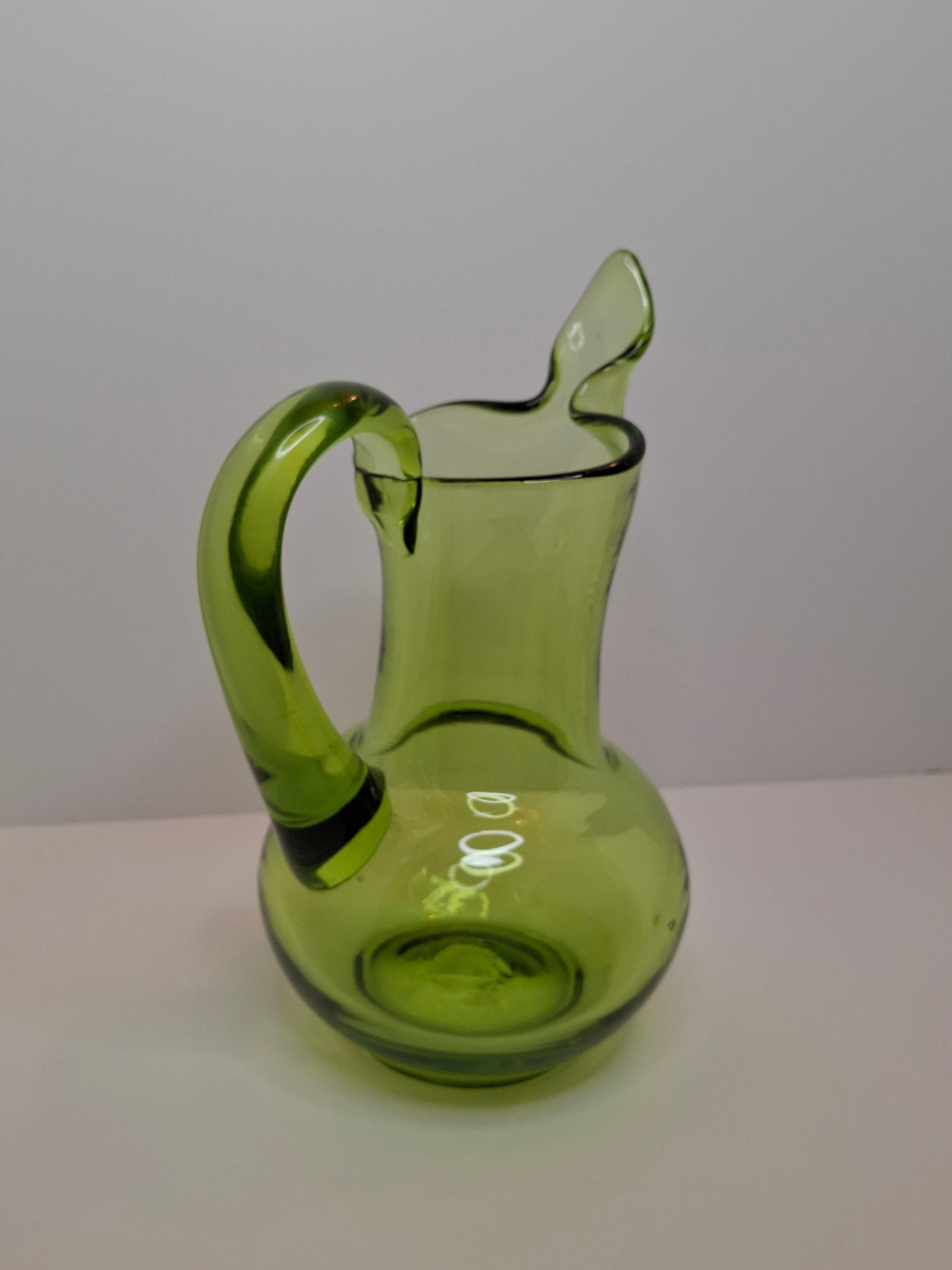 Vintage 1970s Empoli Italian Olive Green Hand-Blown Glass Ewer Pitcher w/ Pontil