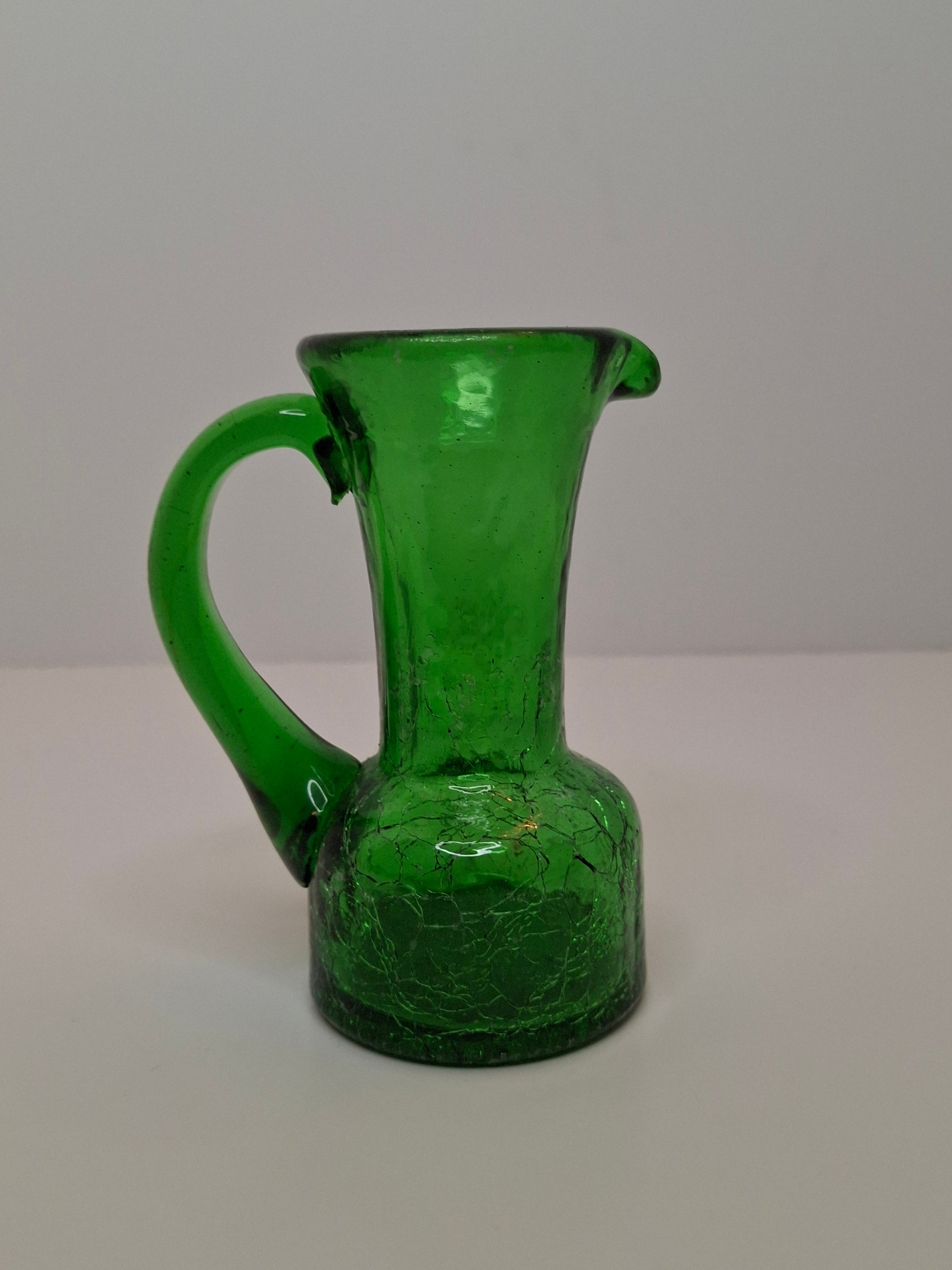 Vintage Lot of Mini Crackle Glass Pitchers - Cobalt Blue & Emerald Green, Amber