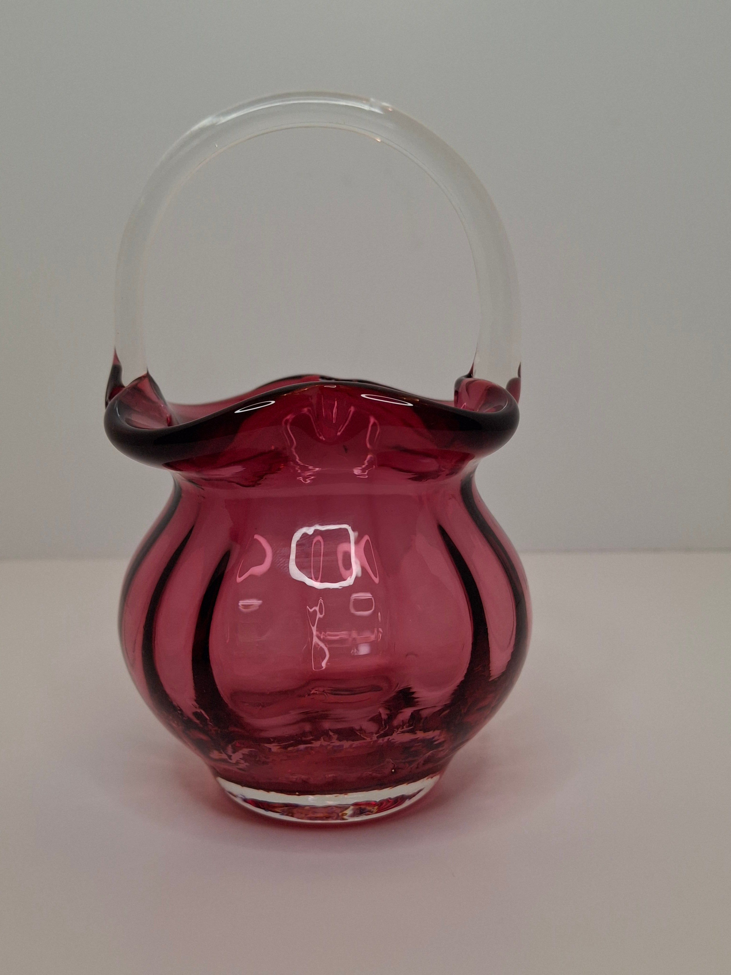 Hand-Blown Cranberry Glass Basket Clear Applied Handle - Possible Pilgrim Glass