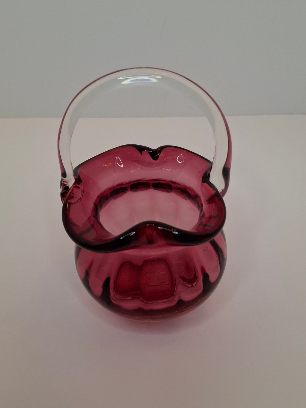 Hand-Blown Cranberry Glass Basket Clear Applied Handle - Possible Pilgrim Glass