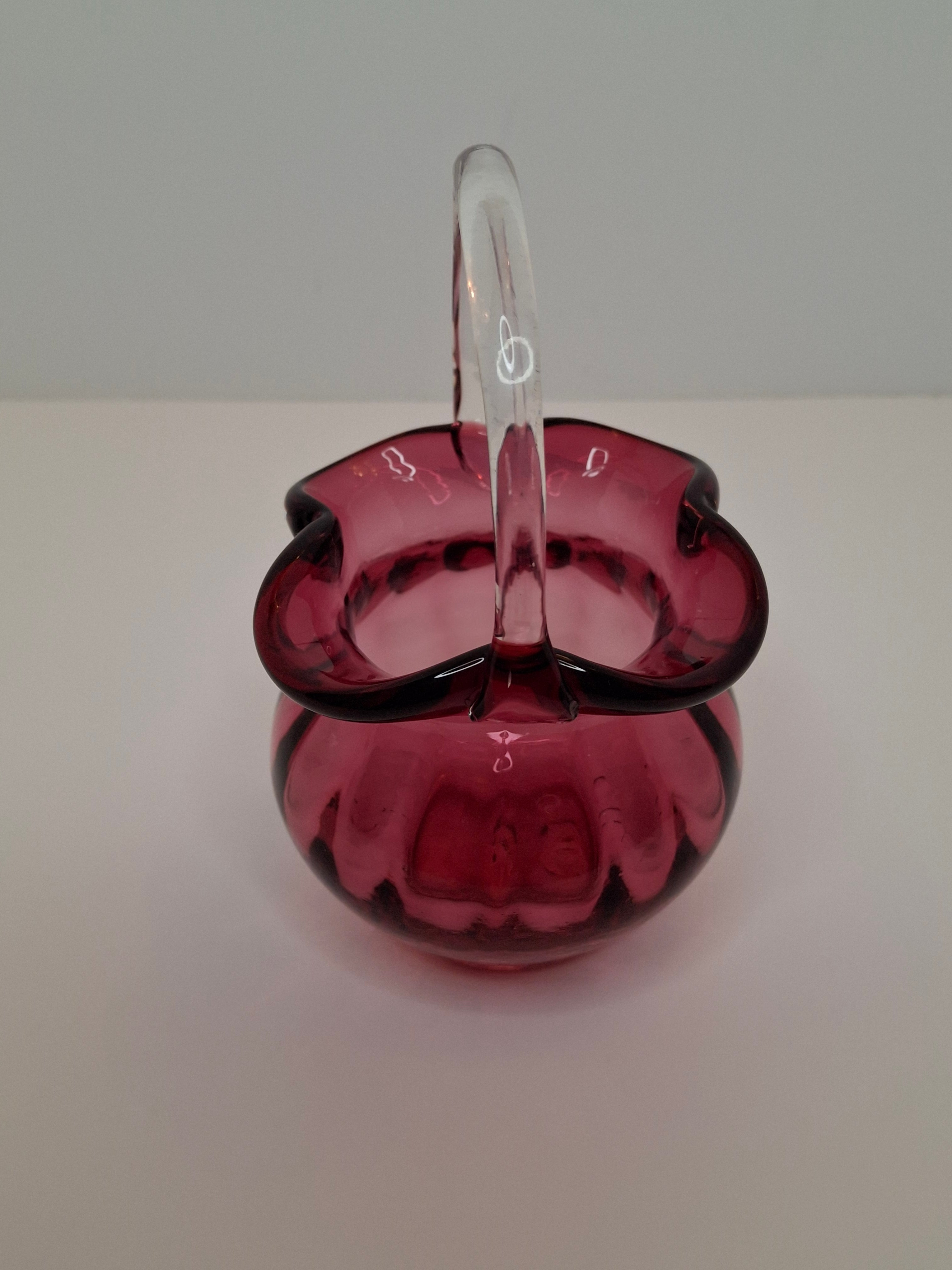 Hand-Blown Cranberry Glass Basket Clear Applied Handle - Possible Pilgrim Glass