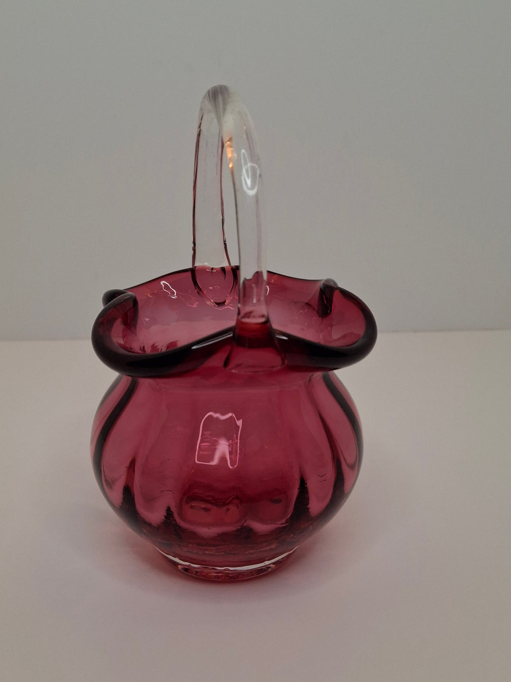 Hand-Blown Cranberry Glass Basket Clear Applied Handle - Possible Pilgrim Glass