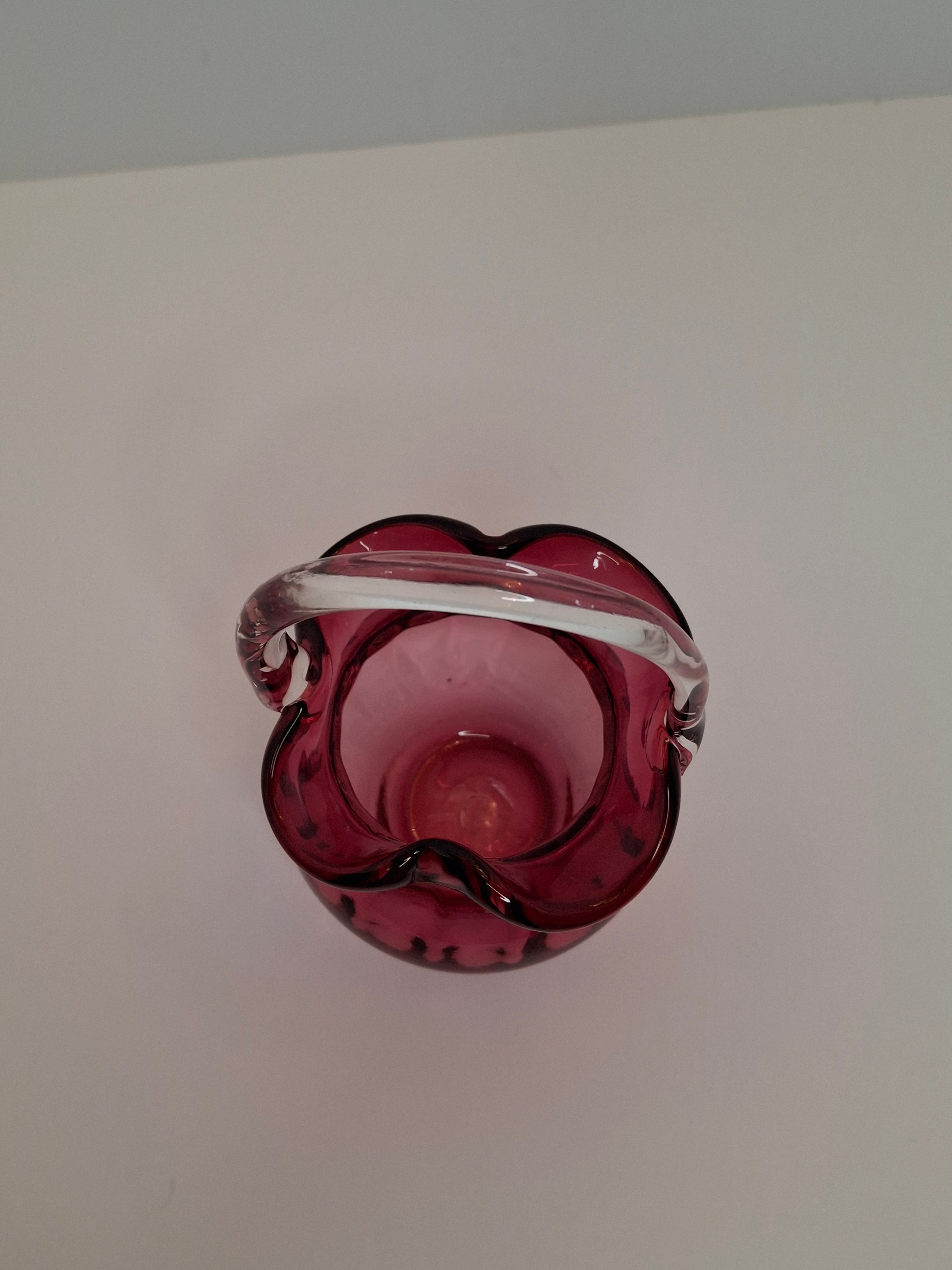 Hand-Blown Cranberry Glass Basket Clear Applied Handle - Possible Pilgrim Glass