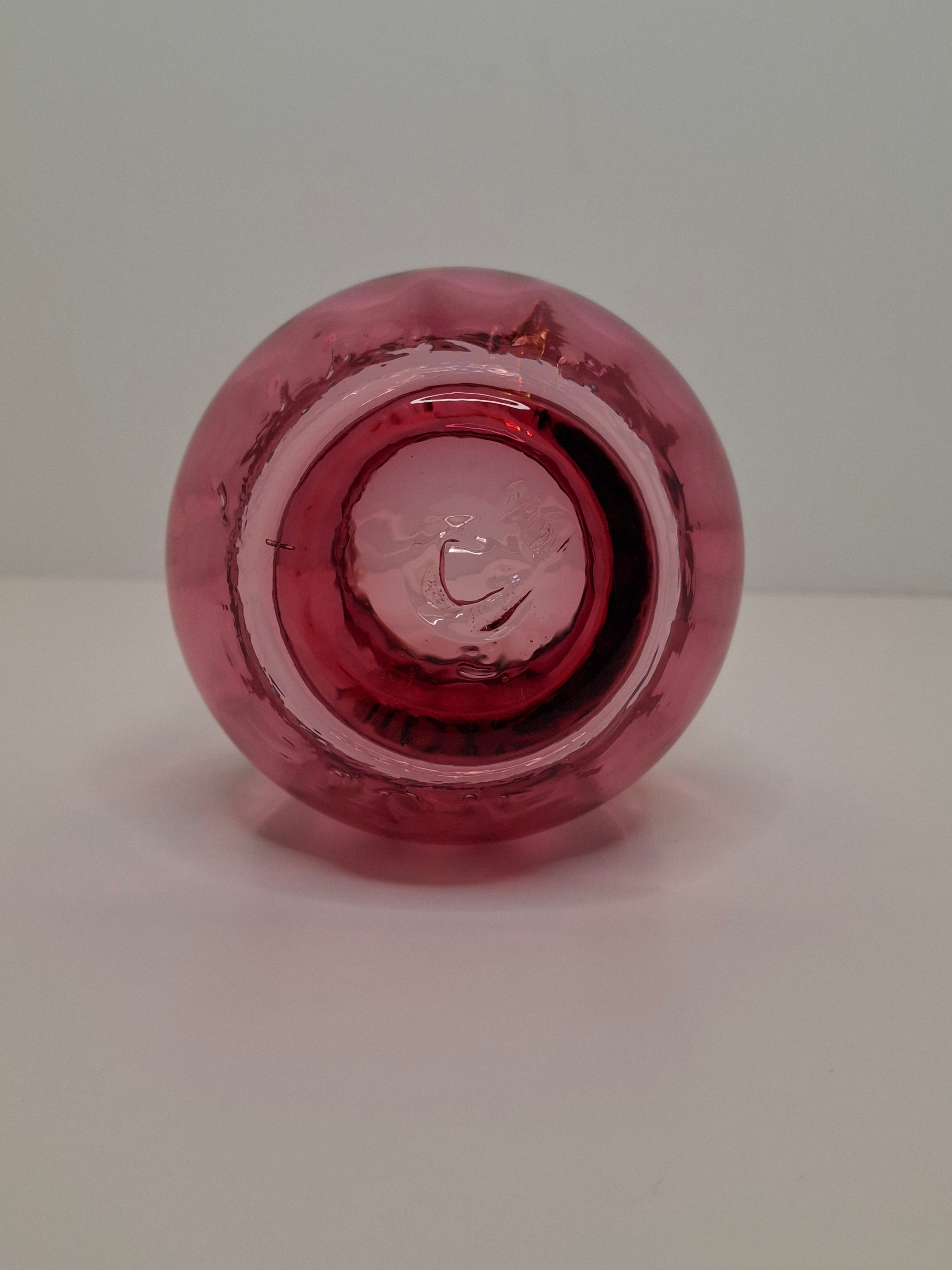 Hand-Blown Cranberry Glass Basket Clear Applied Handle - Possible Pilgrim Glass