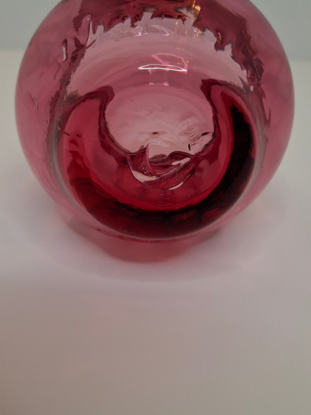 Hand-Blown Cranberry Glass Basket Clear Applied Handle - Possible Pilgrim Glass