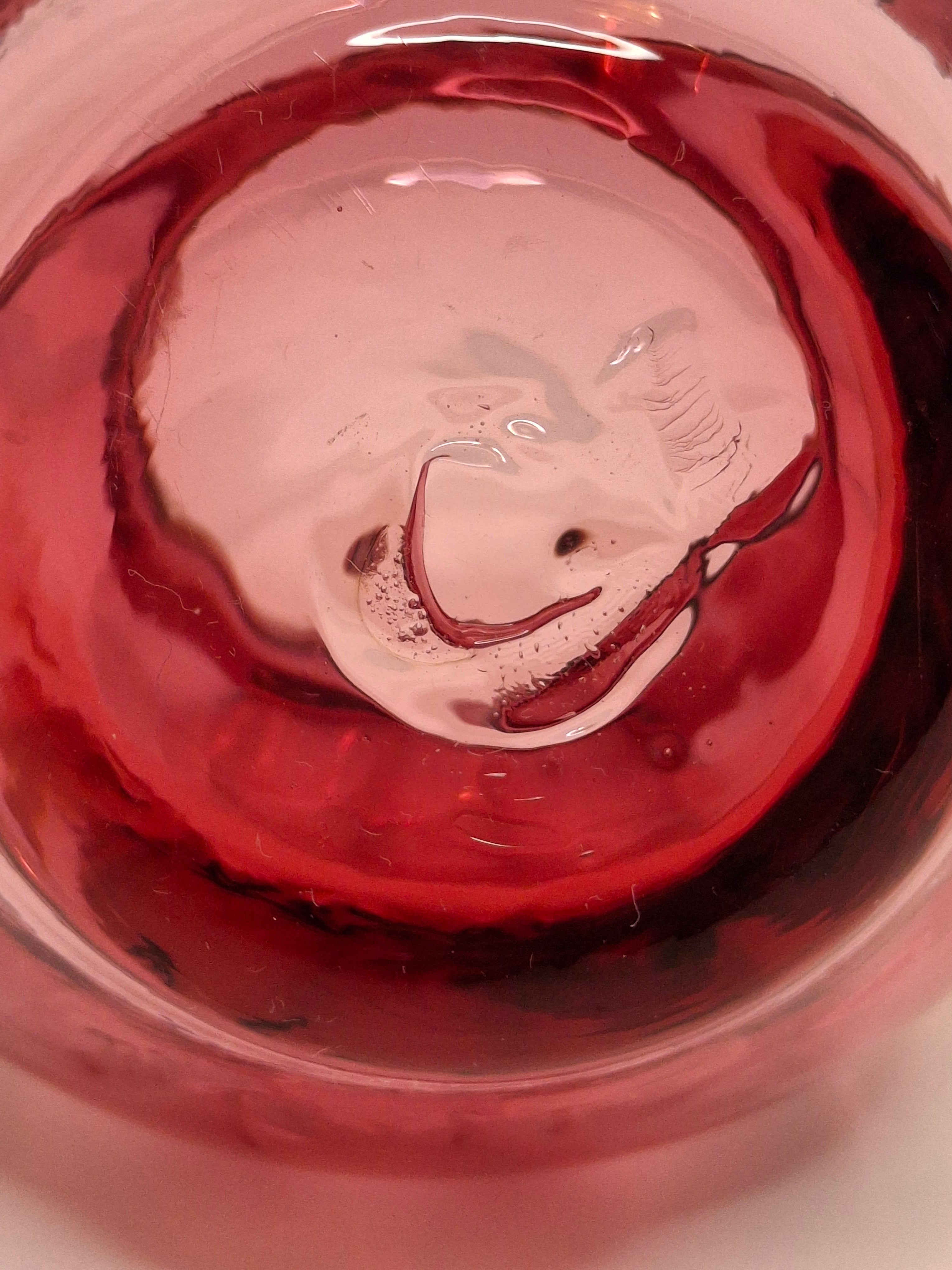 Hand-Blown Cranberry Glass Basket Clear Applied Handle - Possible Pilgrim Glass