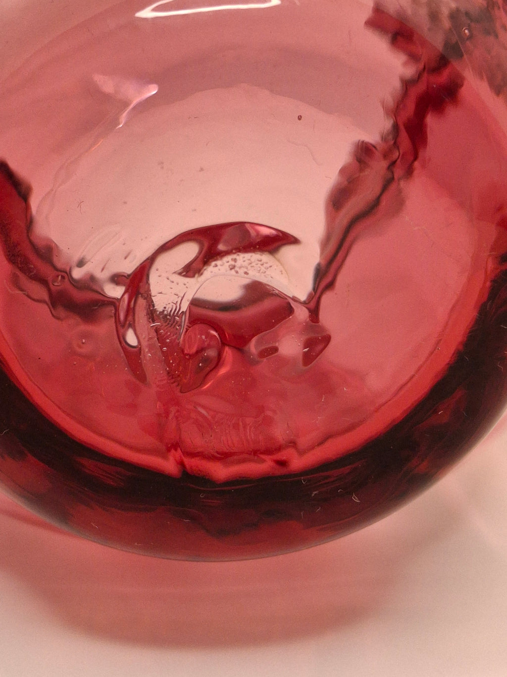 Hand-Blown Cranberry Glass Basket Clear Applied Handle - Possible Pilgrim Glass