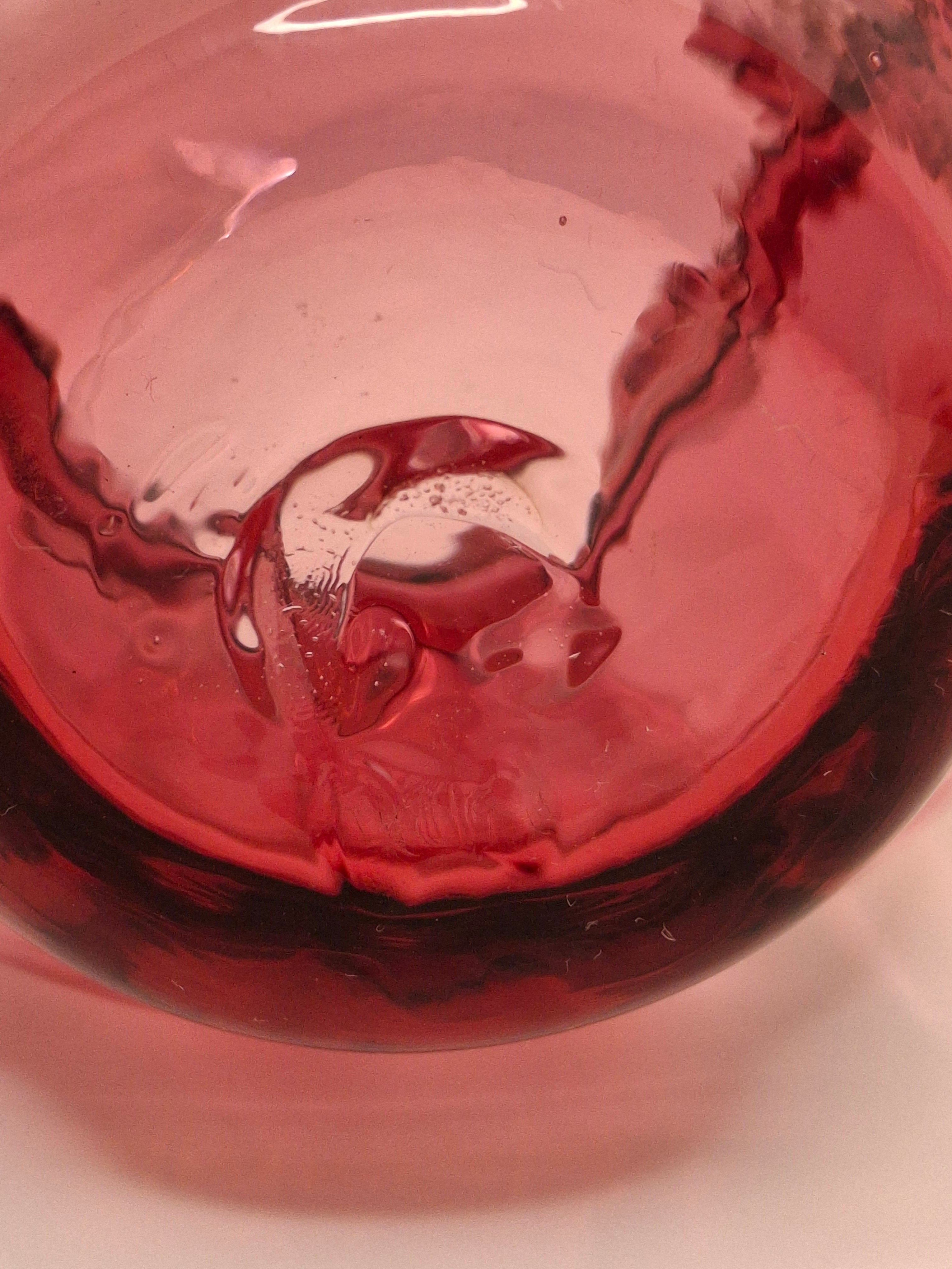 Hand-Blown Cranberry Glass Basket Clear Applied Handle - Possible Pilgrim Glass