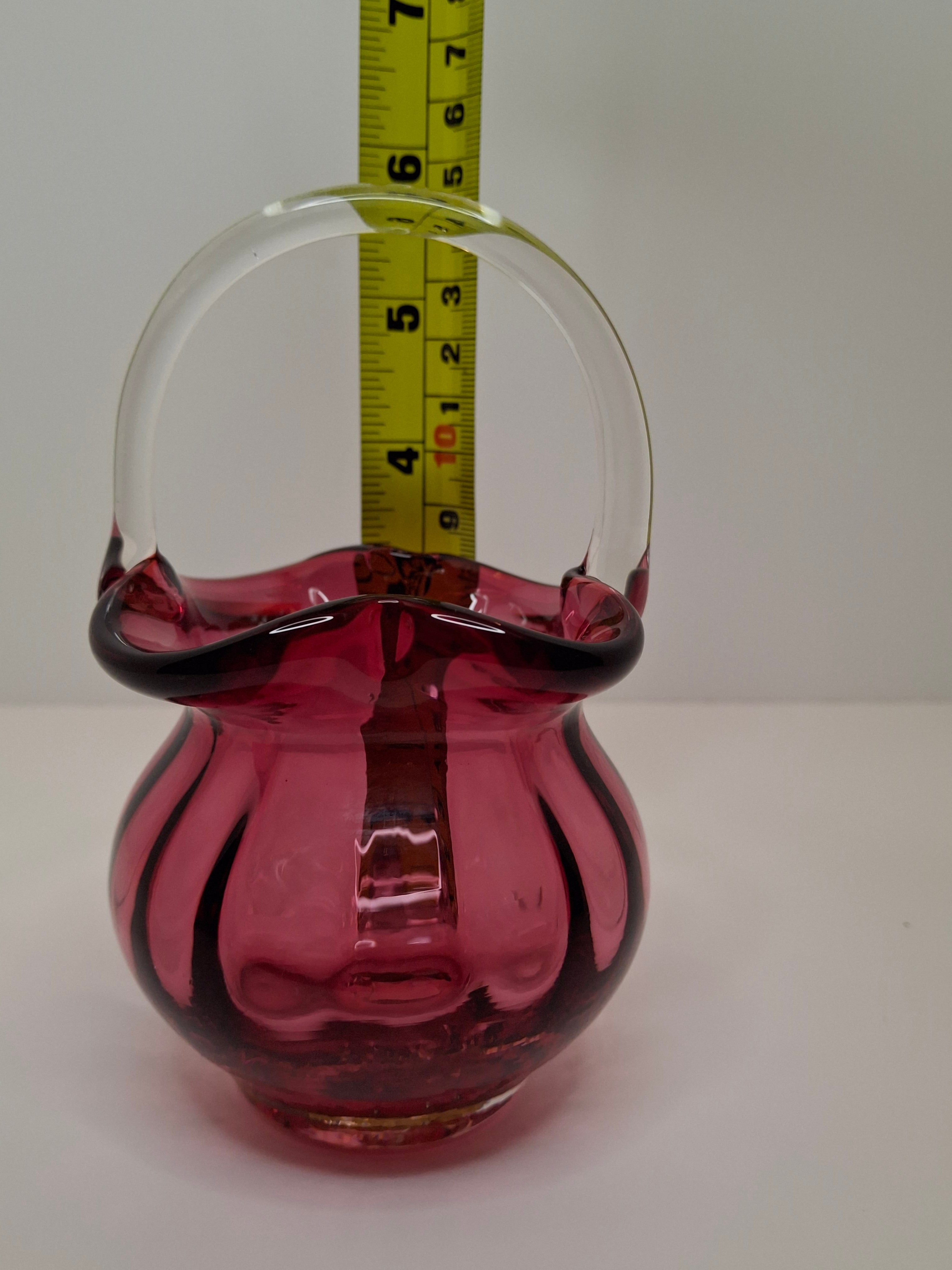 Hand-Blown Cranberry Glass Basket Clear Applied Handle - Possible Pilgrim Glass