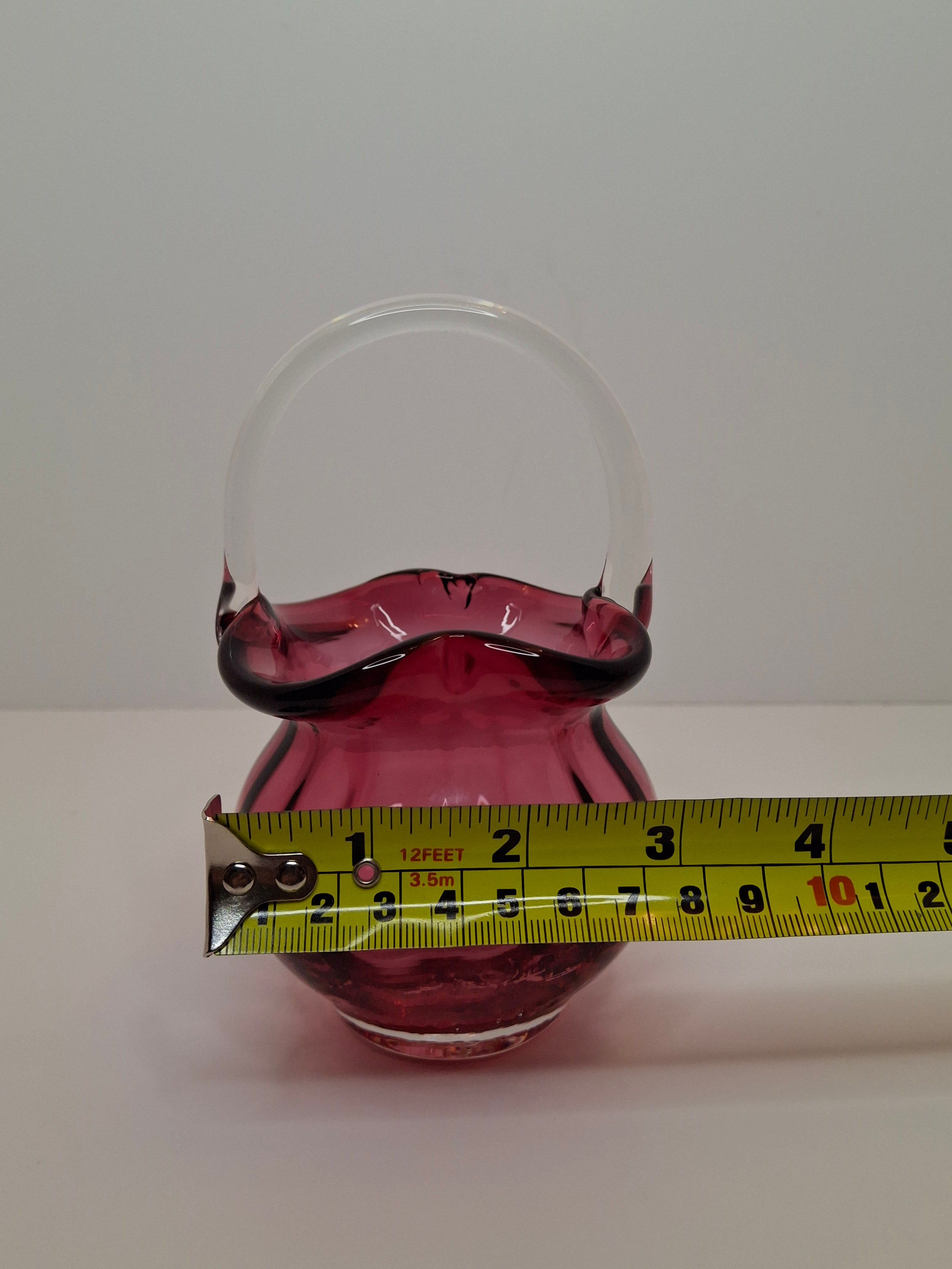 Hand-Blown Cranberry Glass Basket Clear Applied Handle - Possible Pilgrim Glass
