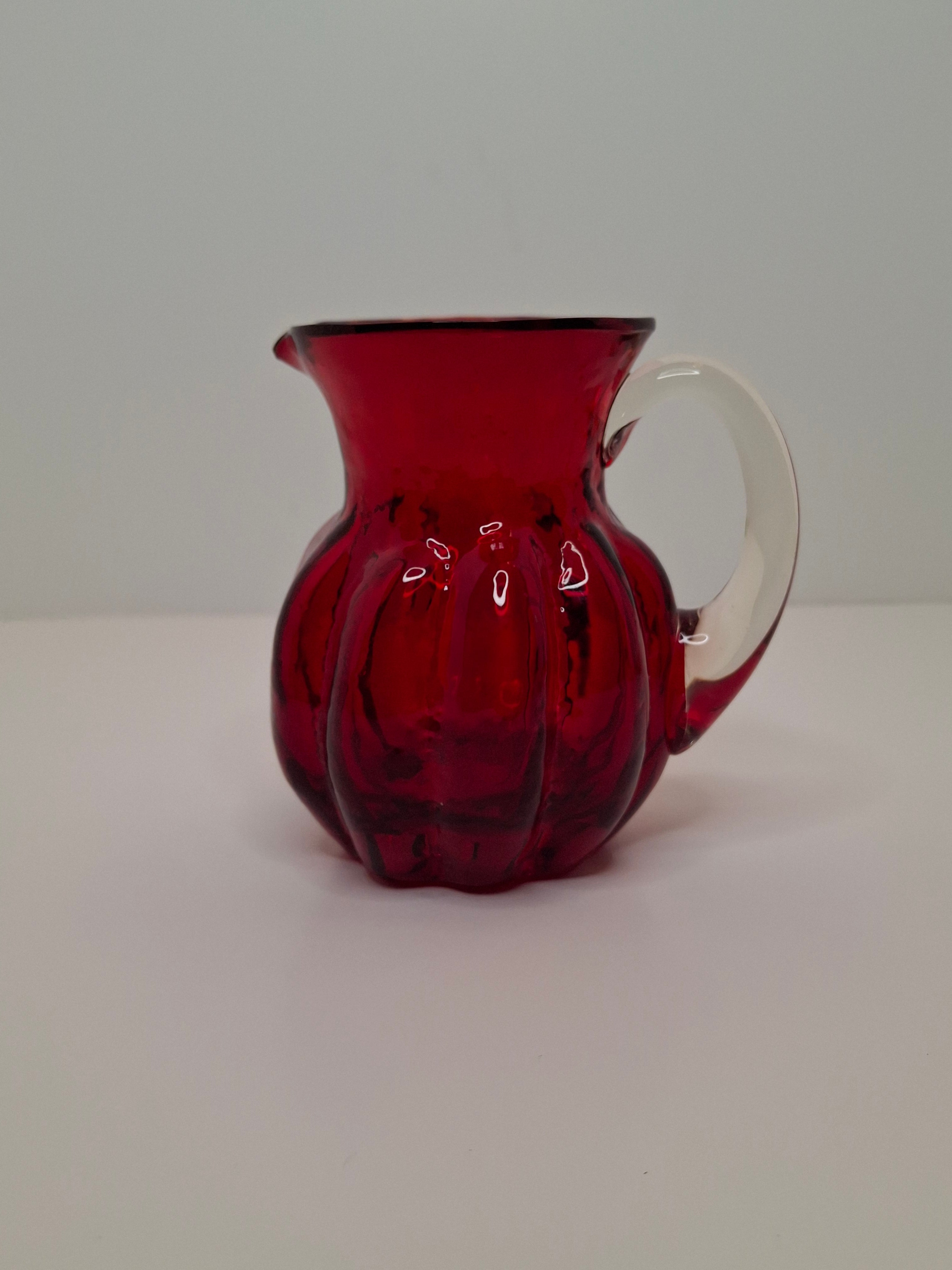 Circa late 1800s to 1940s Hand-Blown Ruby Red Cranberry Glass Creamer w/ Clear Applied Handle & Pontil
