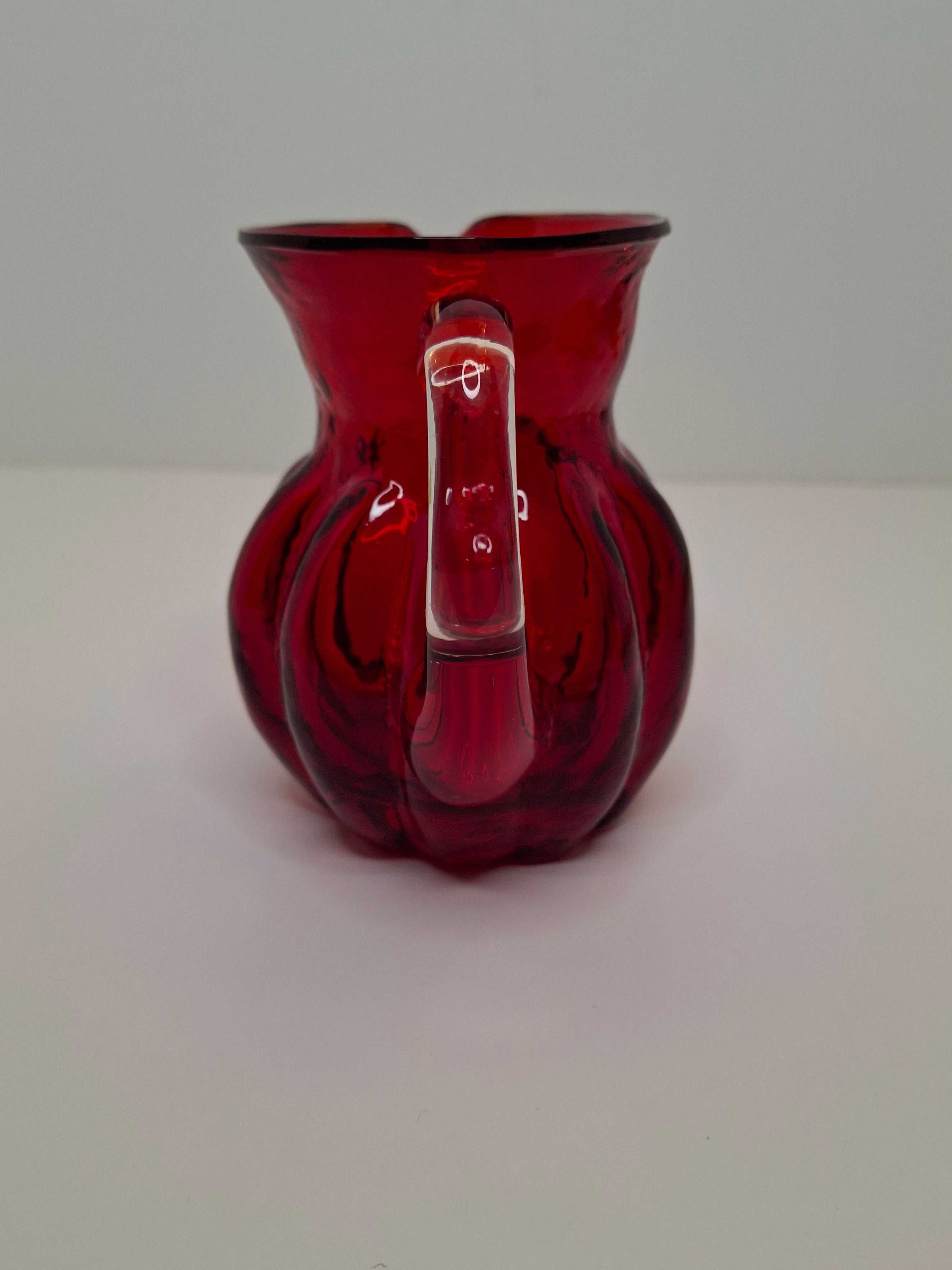 Circa late 1800s to 1940s Hand-Blown Ruby Red Cranberry Glass Creamer w/ Clear Applied Handle & Pontil