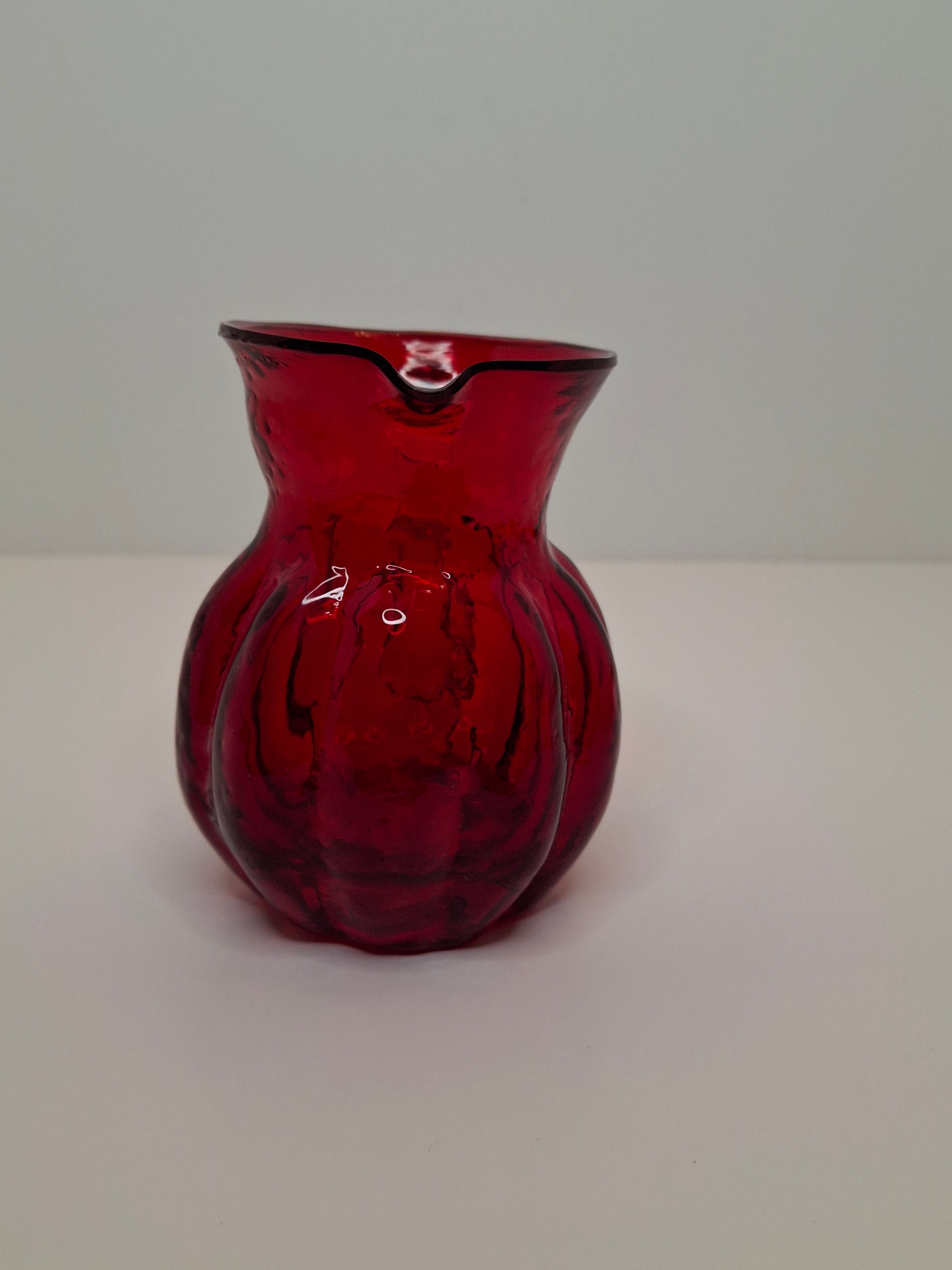 Circa late 1800s to 1940s Hand-Blown Ruby Red Cranberry Glass Creamer w/ Clear Applied Handle & Pontil