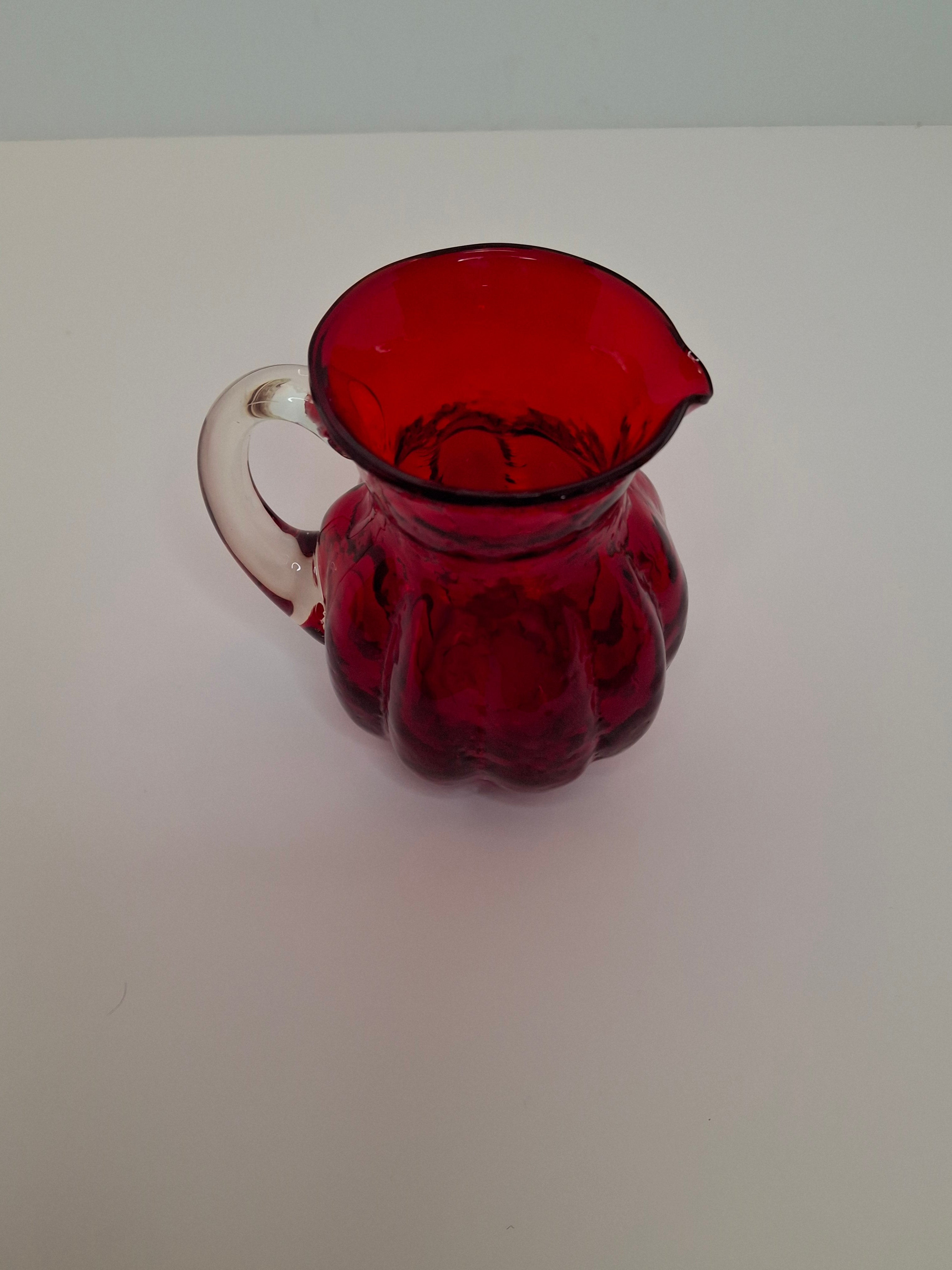 Circa late 1800s to 1940s Hand-Blown Ruby Red Cranberry Glass Creamer w/ Clear Applied Handle & Pontil
